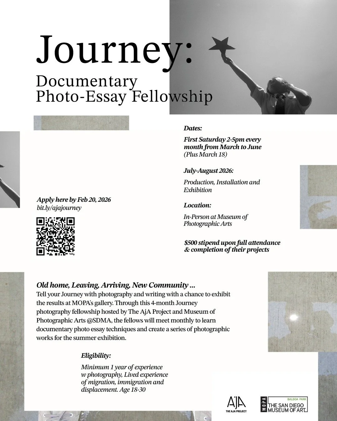 To all photographers (age 18 -30) with lived experience of immigration, and have a story to tell! Apply to AJA's Jounrey Documentary Photo Essay Fellowship in partnership with San Diego Museum of Art's MOPA. Come and share your JOURNEY story, take pa
