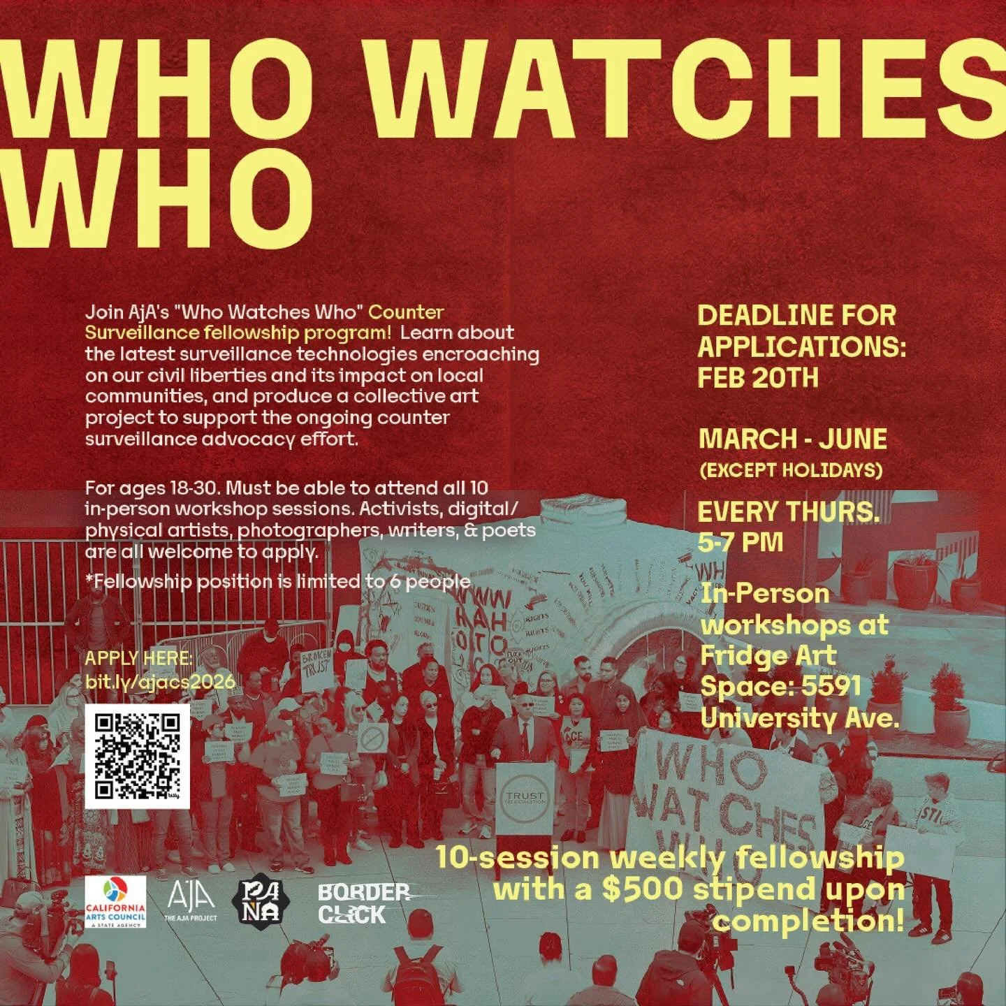 Calling on artists, activists, writers, and poets ; and The AjA Project x Borderclick @borderclick community!

Join WHO WATCHES WHO! COUNTERSURVEILLANCE Fellowship to learn how surveillance policies + technologies impact our communities, then co-crea