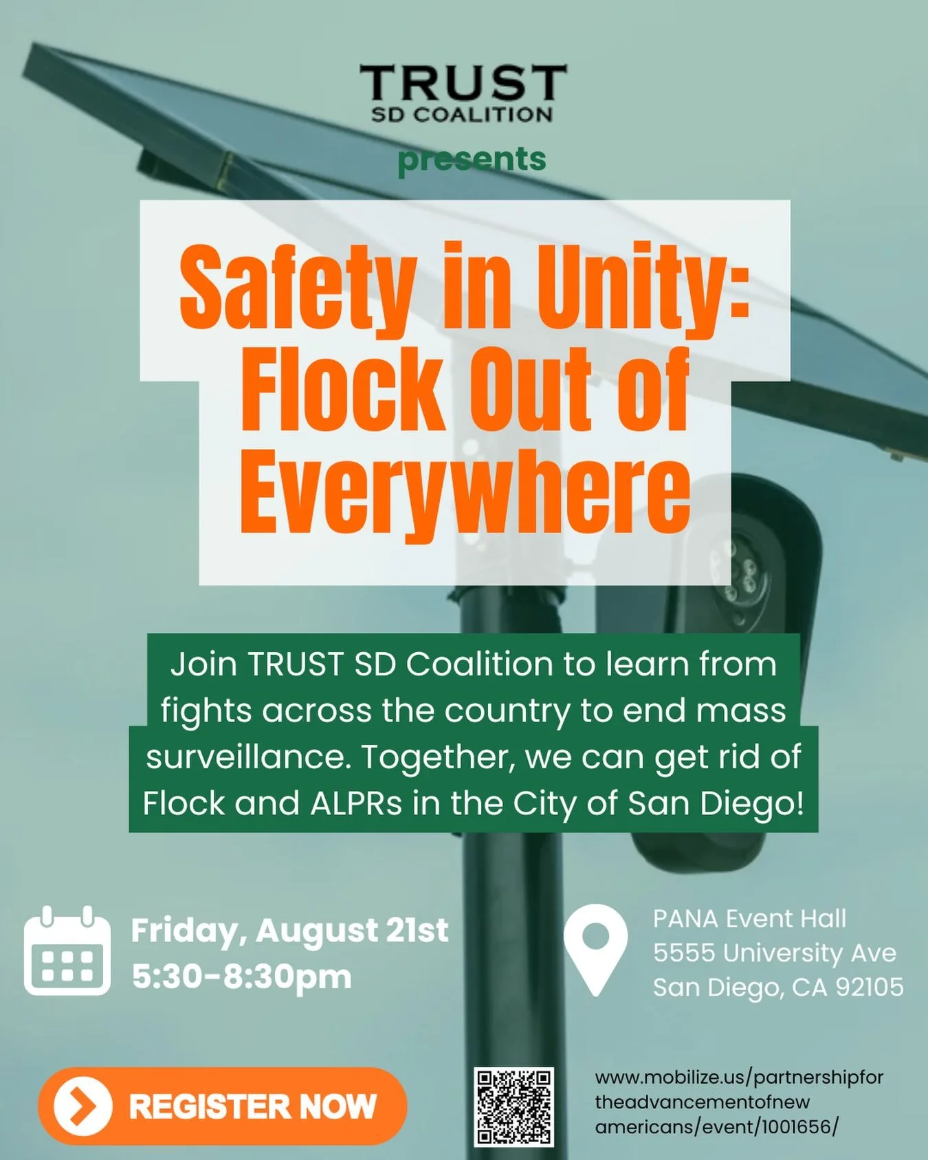 This week has been filled with incredible events hosted by TRUST SD Coalition for the National Week of Action Against ALPR!   To close the week out, please join us Friday at the PANA Event Hall for a discussion on Flock and ALPR and how you can help 