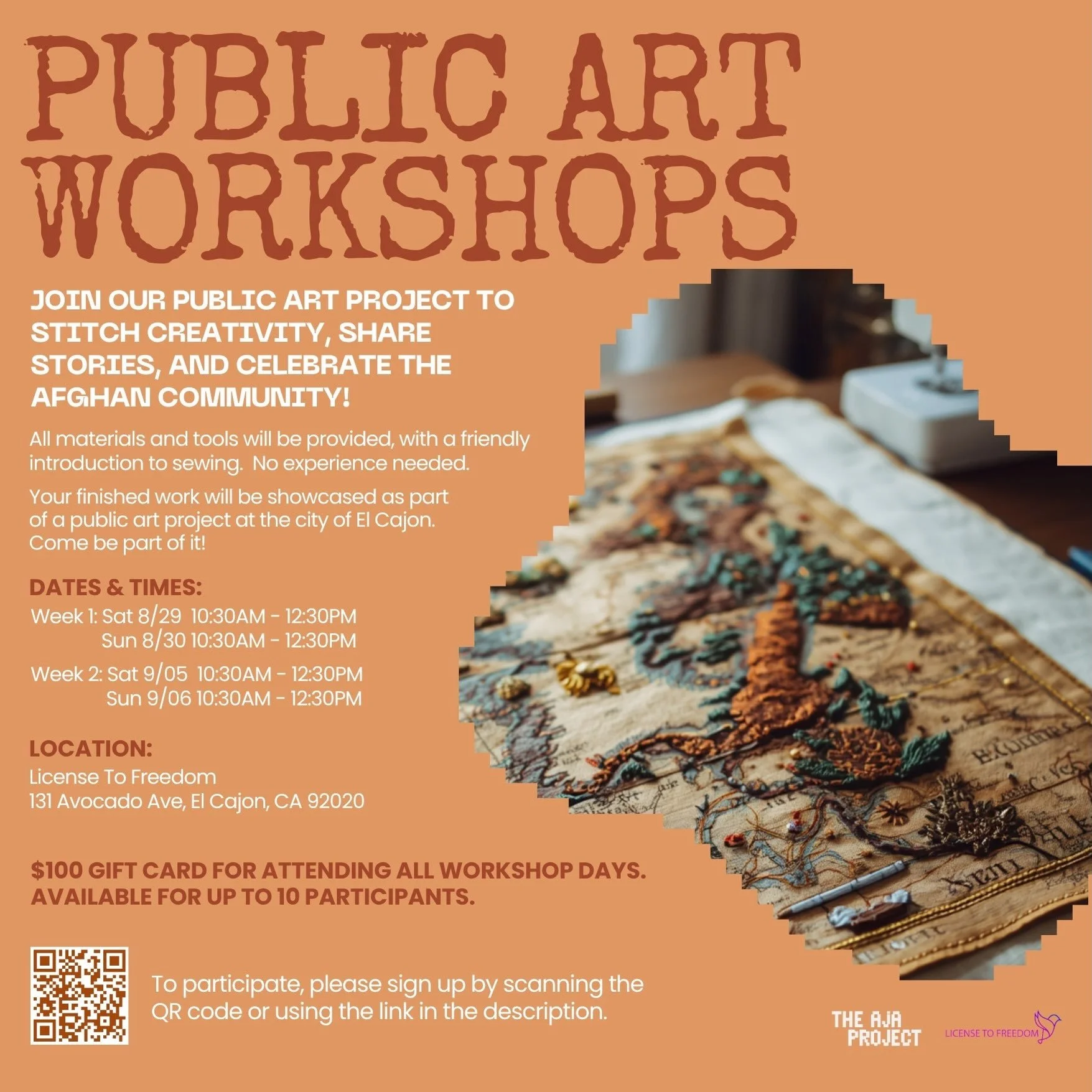 Join us for a series of community art workshops at License to Freedom! Be part of creating a collaborative artwork that brings the stories, memories, and experiences of the Afghan community through textile art!

Open to all ages 15+ with ties to the 