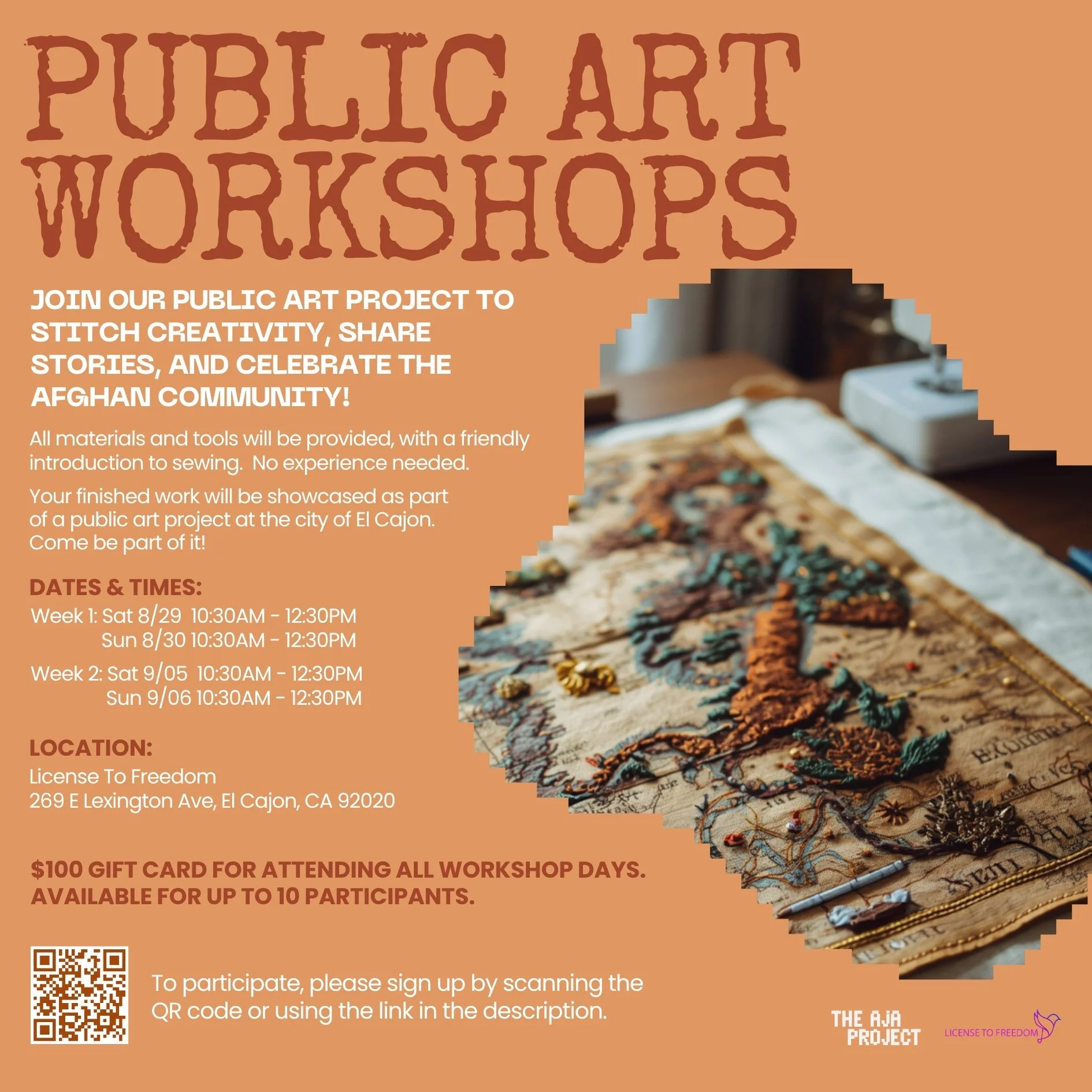 Join us for a series of community art workshops at License to Freedom! Be part of creating a collaborative artwork that brings the stories, memories, and experiences of the Afghan community through textile art! Updated address: 269 East Lexington Ave