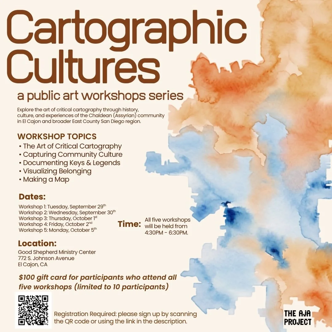 Join us in this series of workshops to explore the art of critical cartography through history, culture, and experiences of the Chaldean (Assyrian) community in El Cajon and broader East County San Diego region. 

📅 Dates: 
Tuesday, September 29th
W