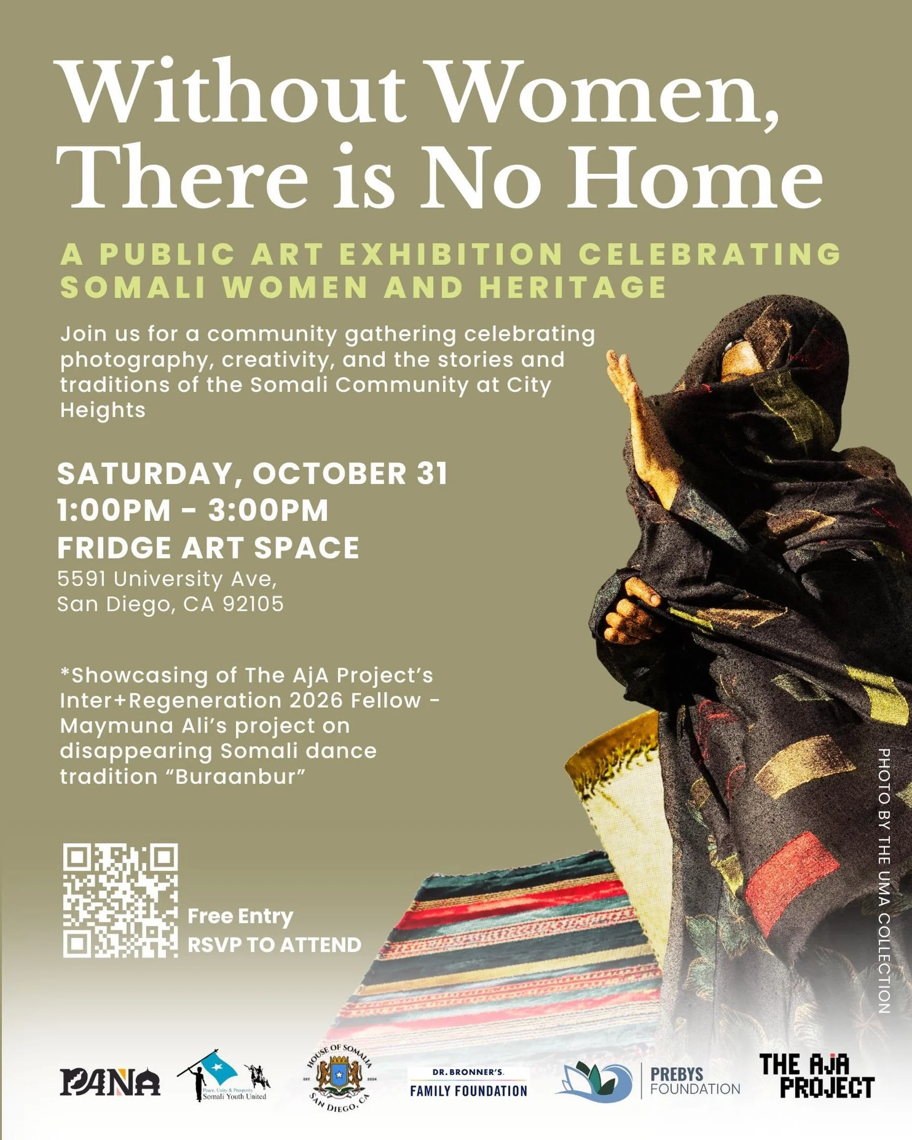 Without Women, There is No Home.

Join us for a public art and photography exhibition celebrating the Somali community in City Heights through stories, culture, and heritage.

📅 Saturday, October 31
🕛 Time: 1:00pm - 3:00pm
📍 Location: Fridge Art S