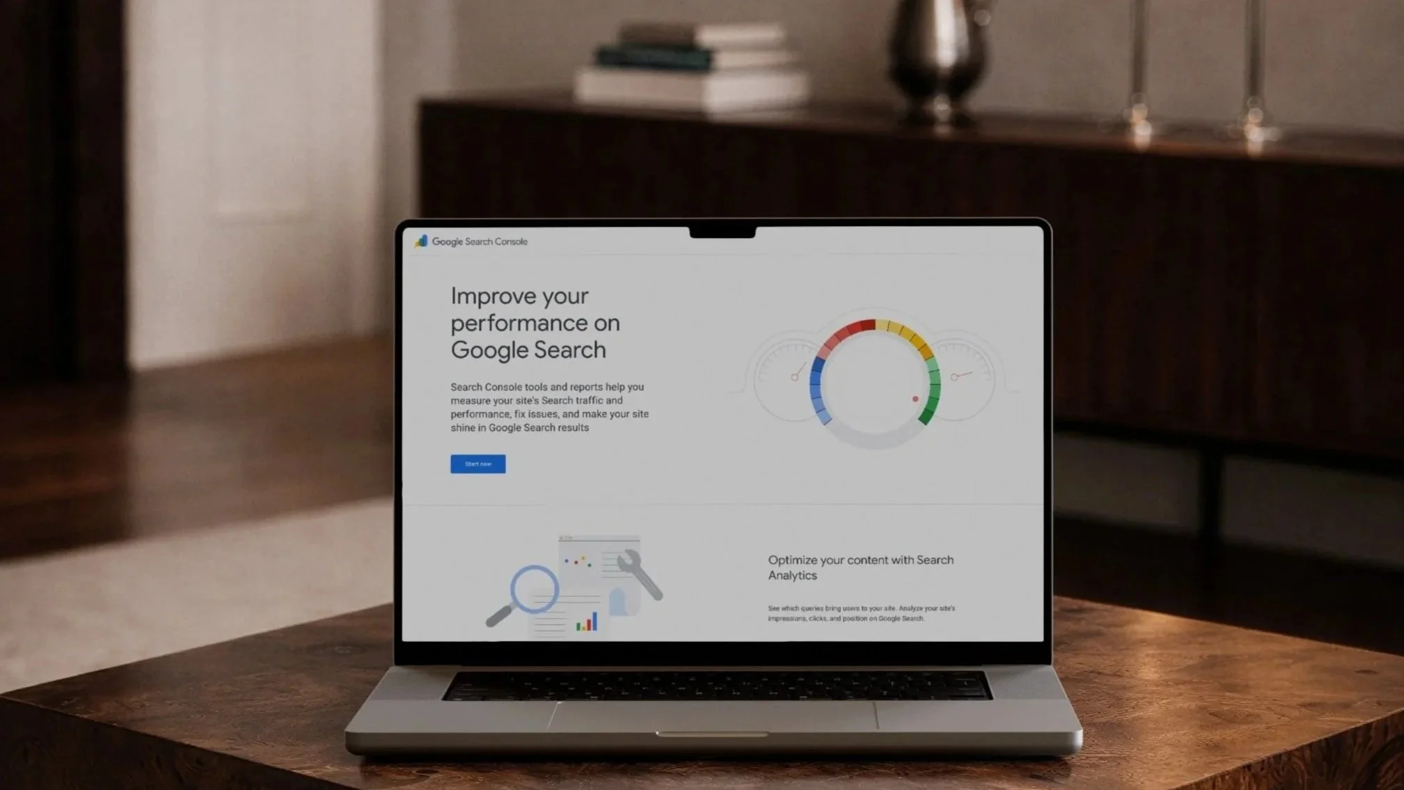 Laptop on table displaying Google Search Console dashboard