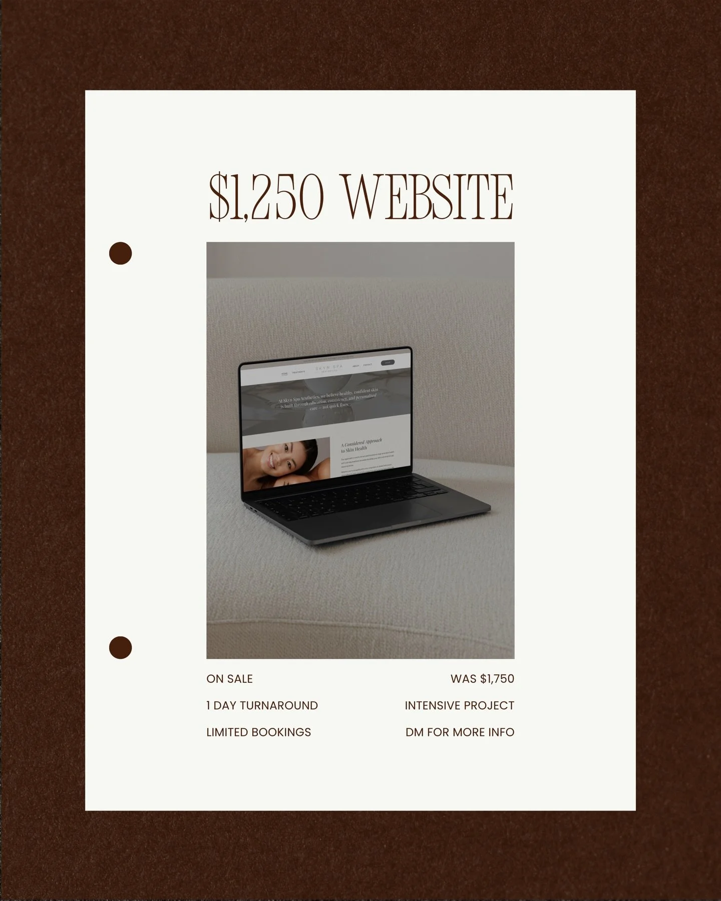 4-Page Website for $1,250 + GST! 

A professionally designed website, built in just one day. 🙌

Includes:
&bull; Squarespace or Shopify website design &amp; setup
&bull; Branding, colours &amp; content integration
&bull; 4 key pages (Home, About, Co