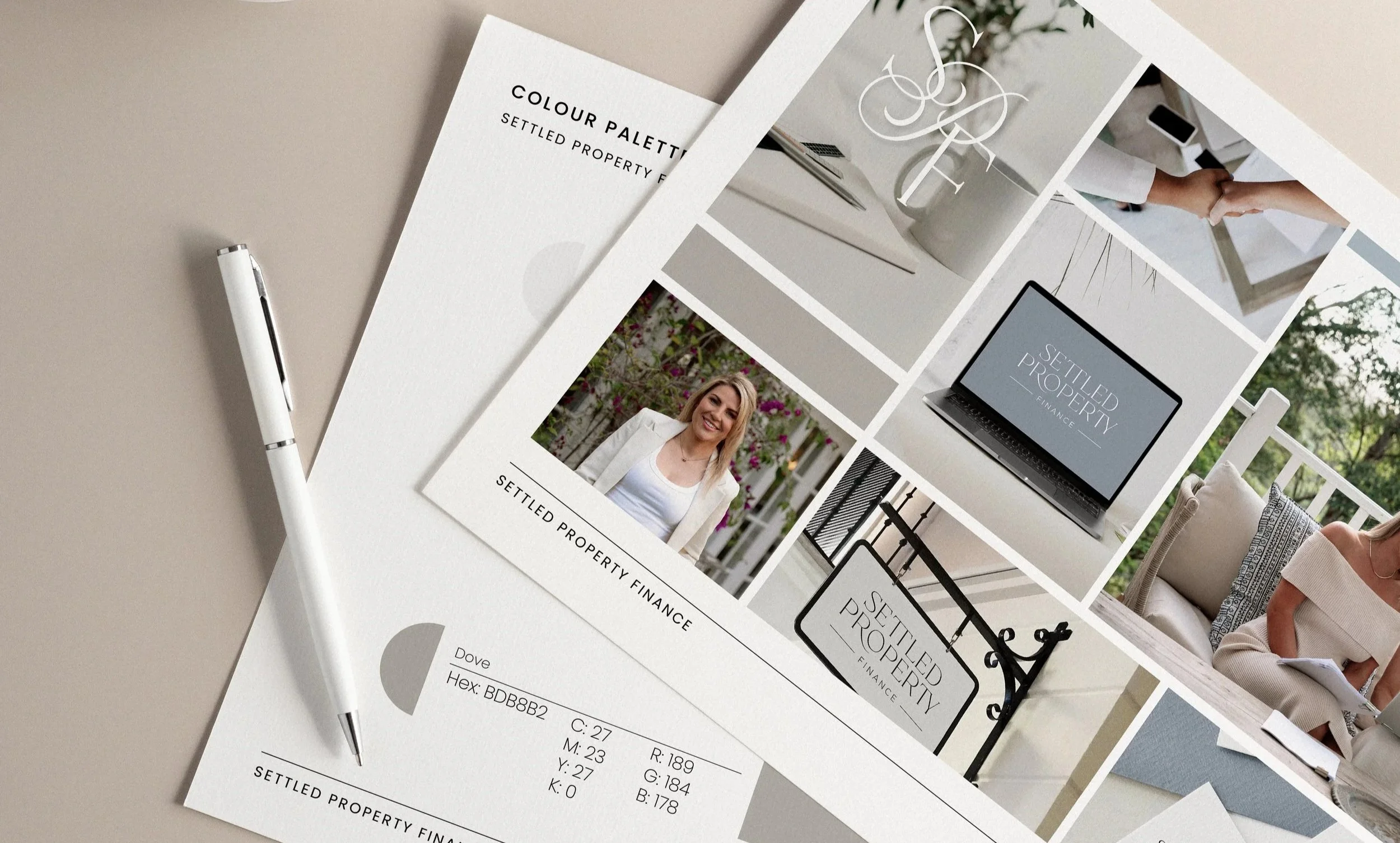 Settled Property Finance brand guidelines mockup with logo, colour palette and typography.