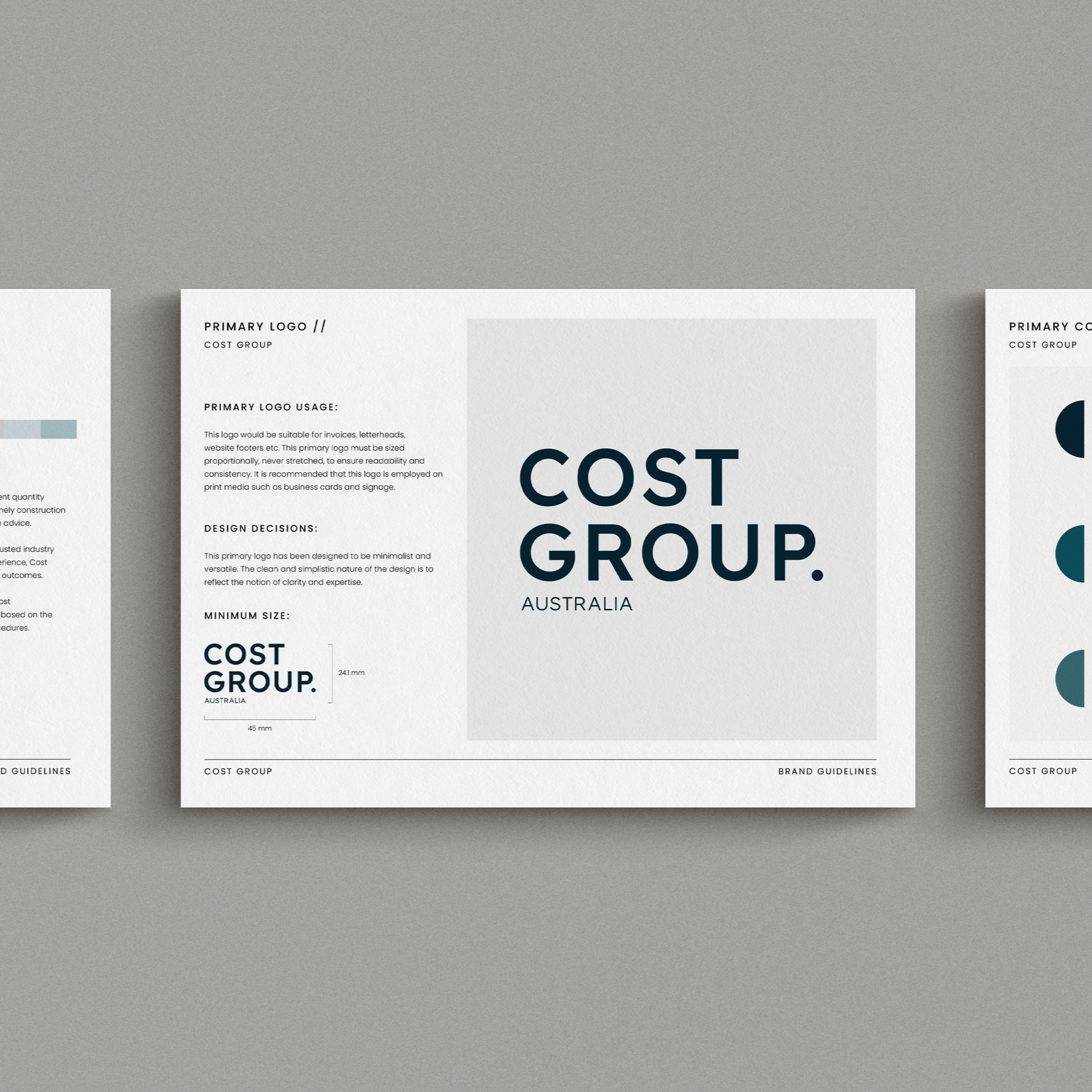 Cost Group brand guidelines printed mockup showing logo, colour palette and typography.