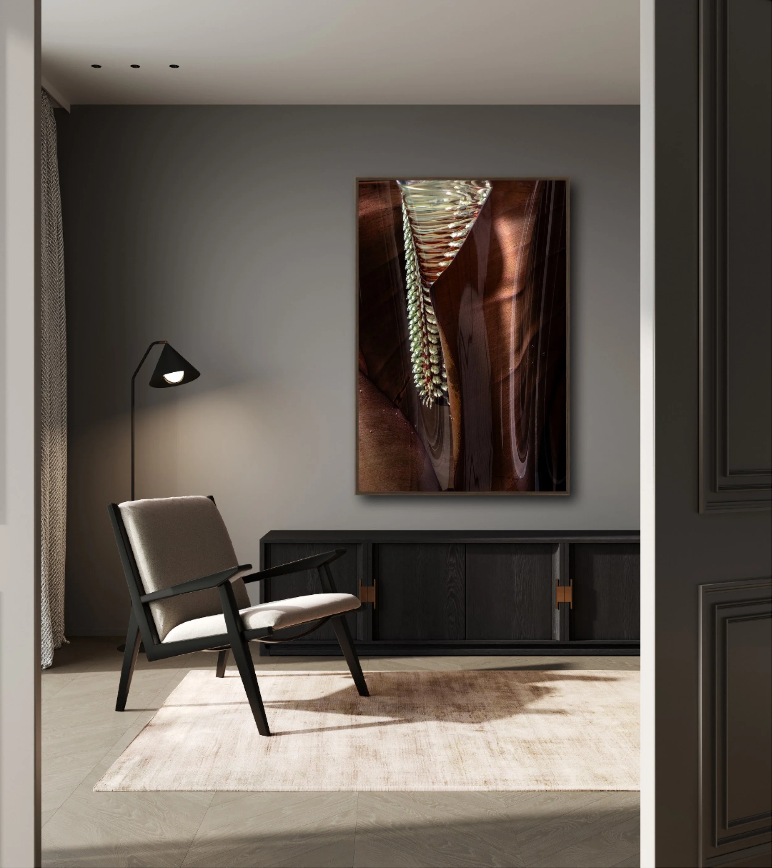 Interior view of a room with a modern floor lamp, a black cabinet, a beige armchair, a large decorative wall art with waves, and a beige rug on a light-colored wood floor.