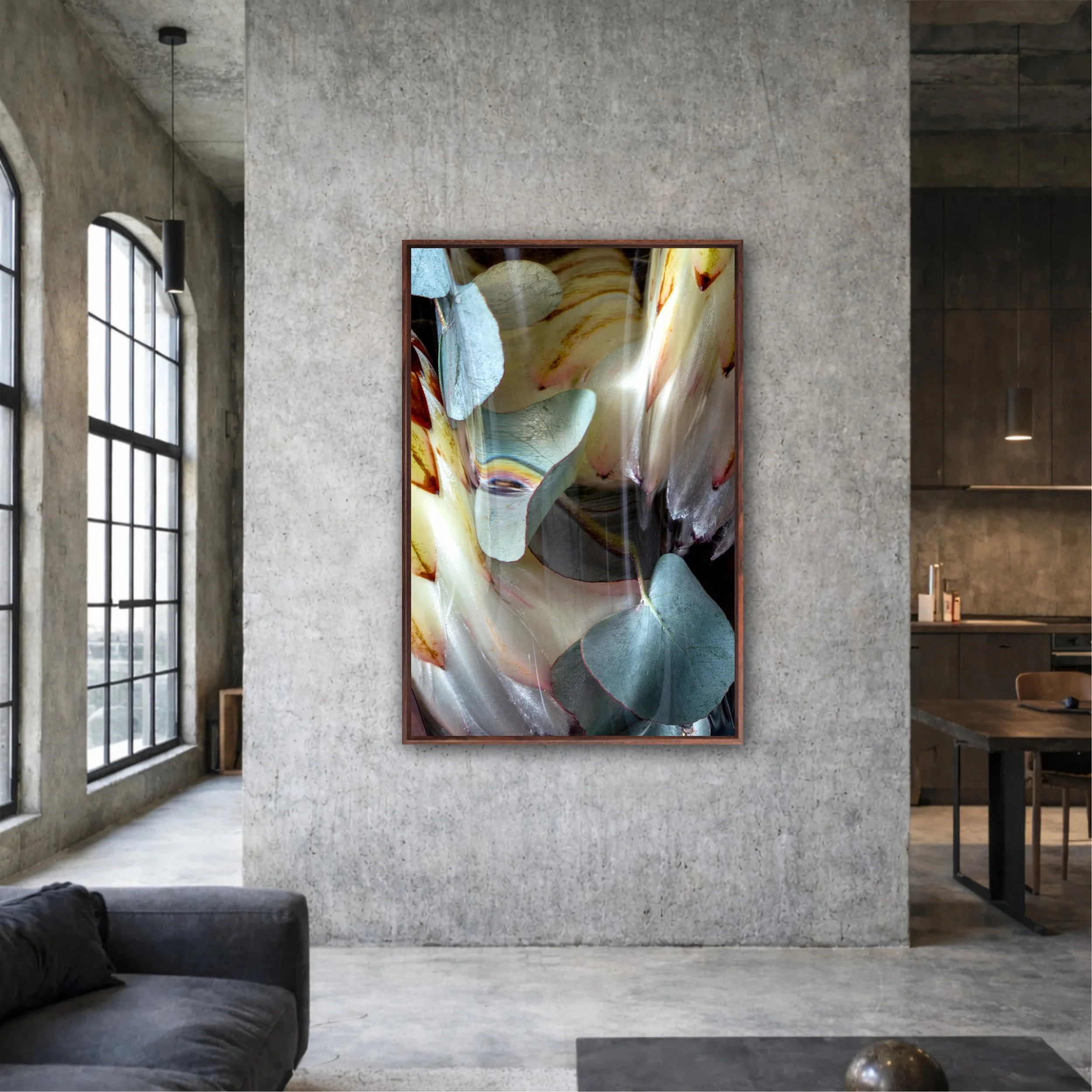 Modern art gallery interior with colorful abstract painting on the wall, tall windows on the left, and gray textured walls.