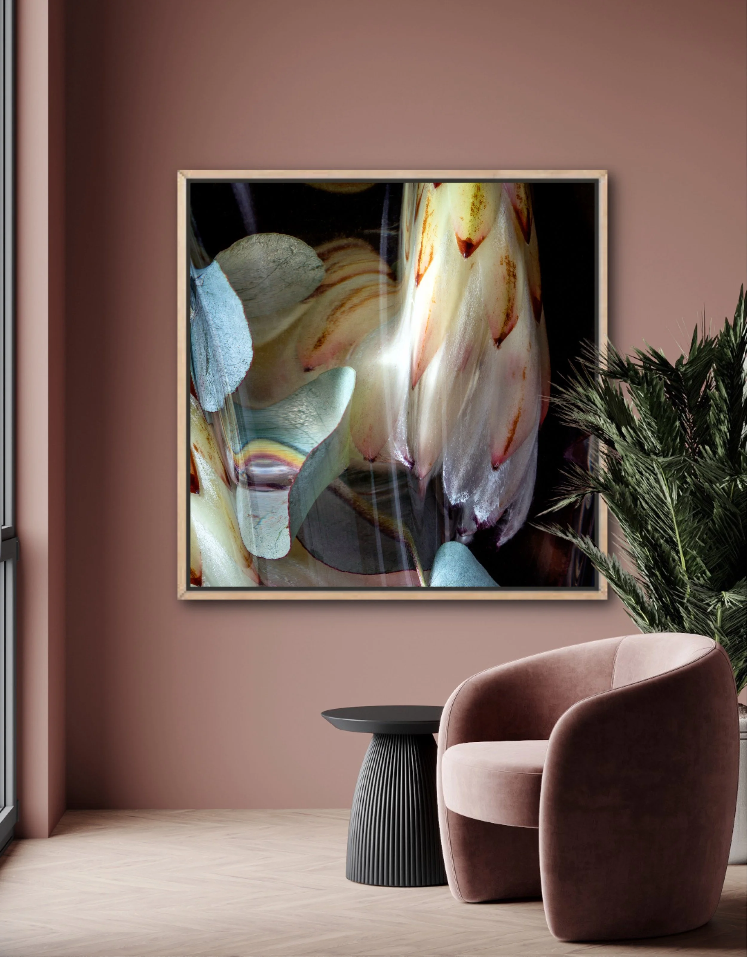 Modern interior living room with pink walls, abstract art hanging, pink velvet armchair, black textured side table, and green foliage plant.