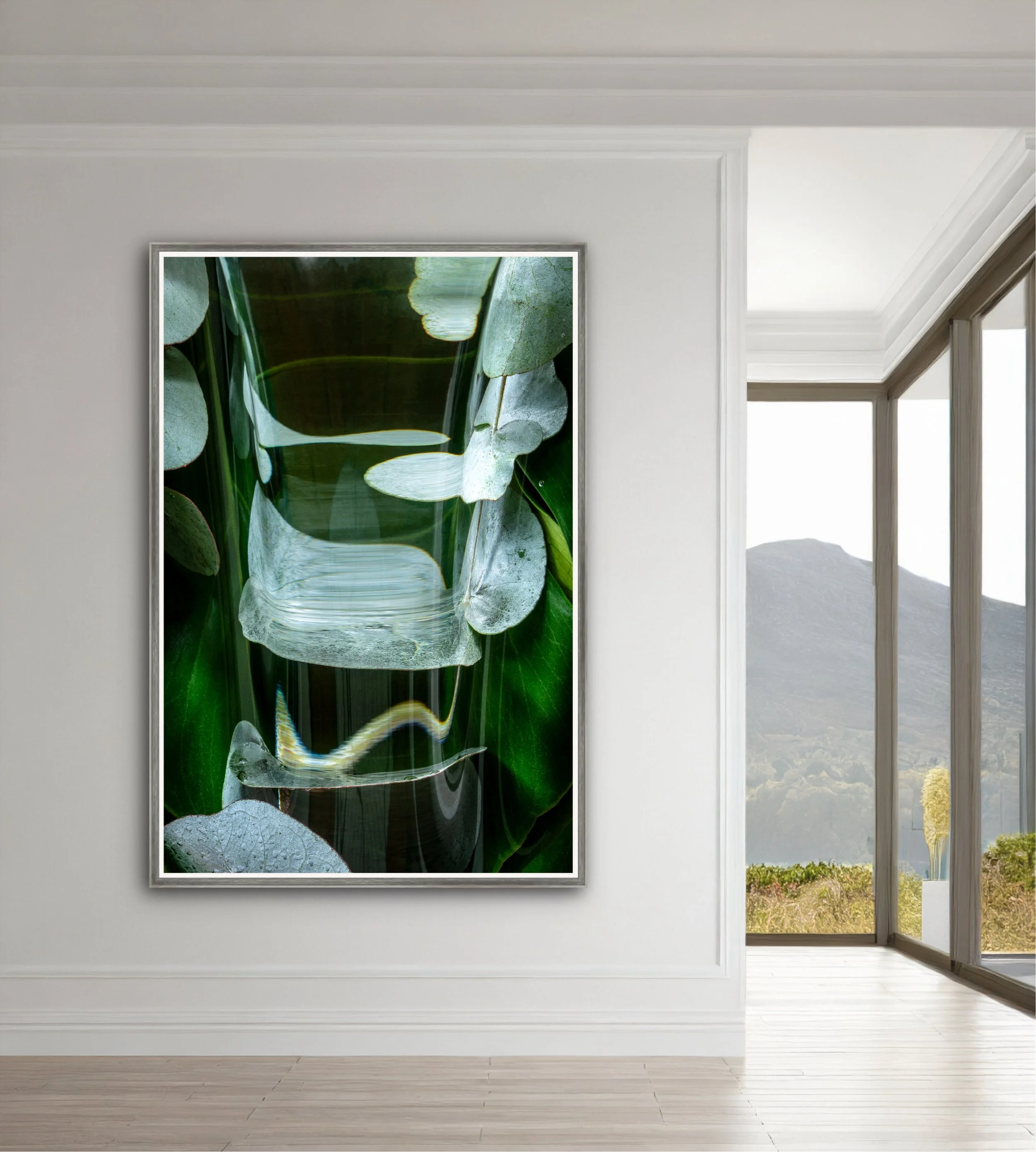 A framed photograph of large green leaves hangs on a white wall in a gallery or modern home setting, with windows showing a view of a landscape outside.