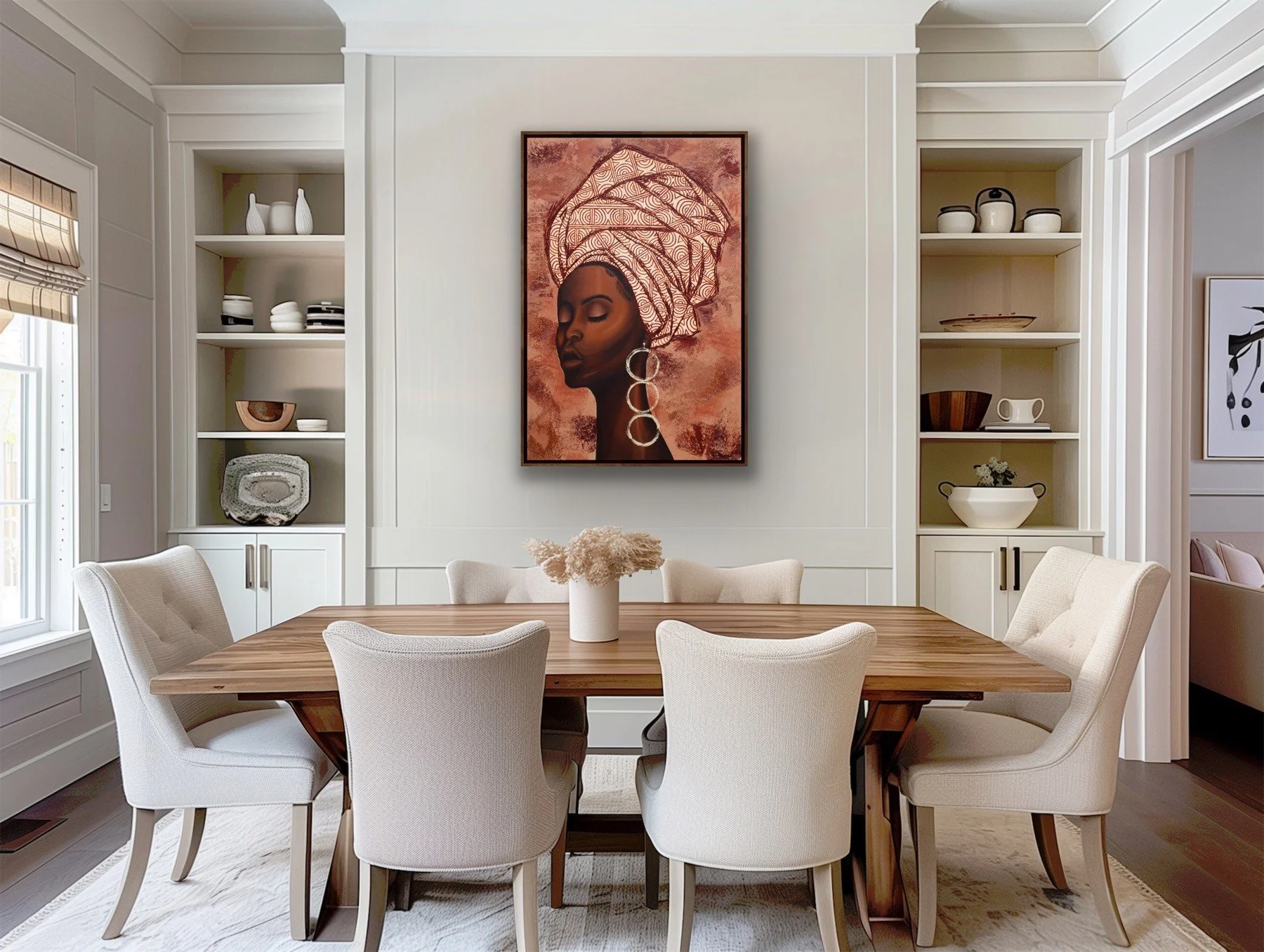 nandi original artwork made by nicole featuring black woman with beautiful headscarf with colours of brown and cream