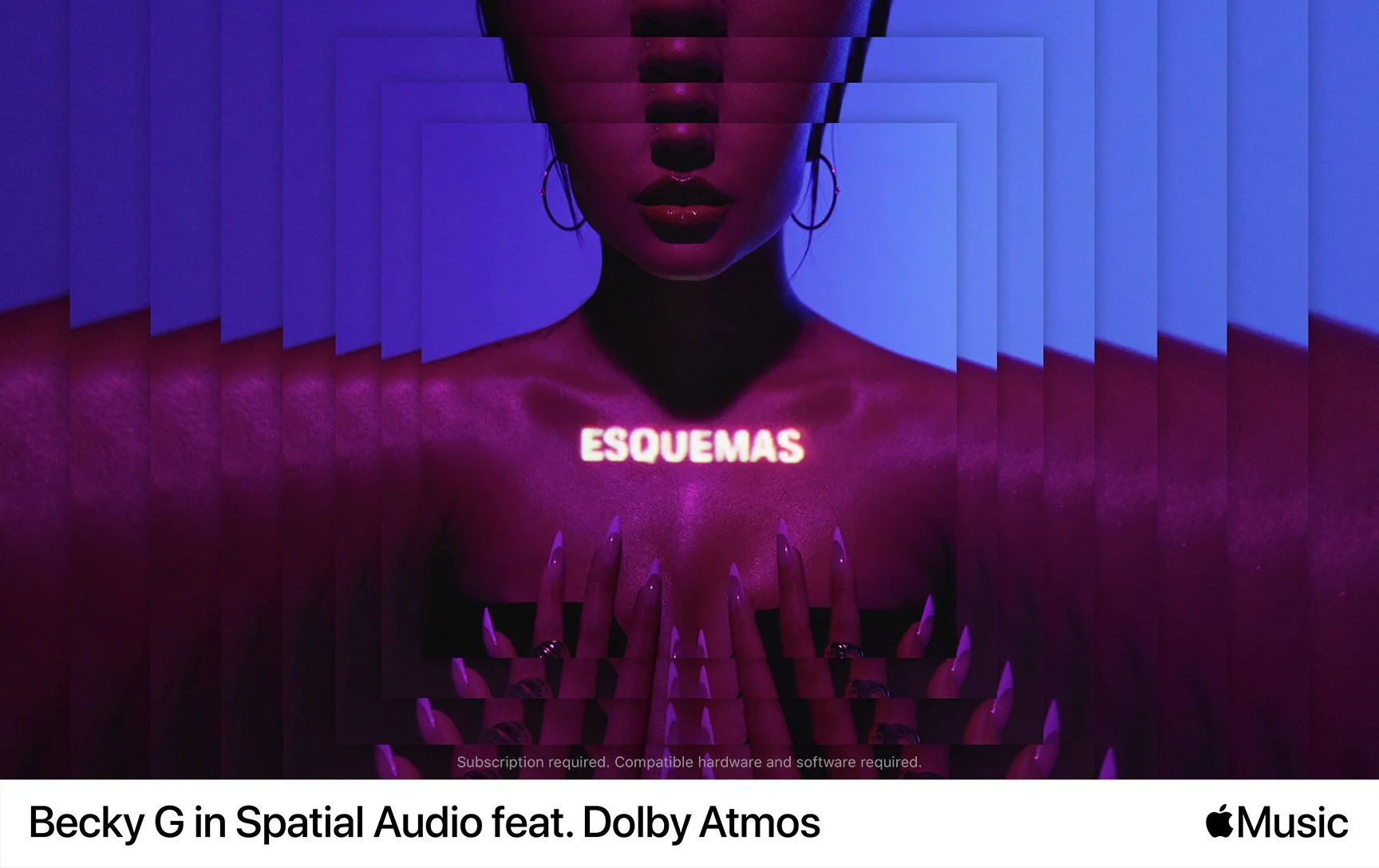 Album cover featuring a woman with painted skin, wearing hoop earrings and multiple rings, with the word 'ESQUEMAS' glowing in the center. The background has a layered, digital effect with purple and blue hues.
