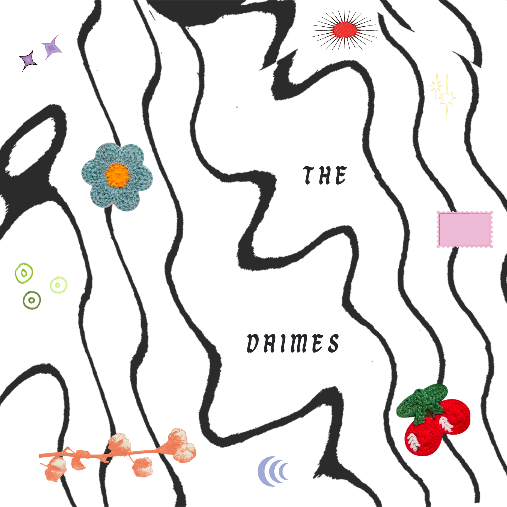 A stylized map with black wavy lines on a white background, labeled "The Dames" in the center, with colorful decorative elements such as crochet flowers, cherries, stars, and abstract shapes.