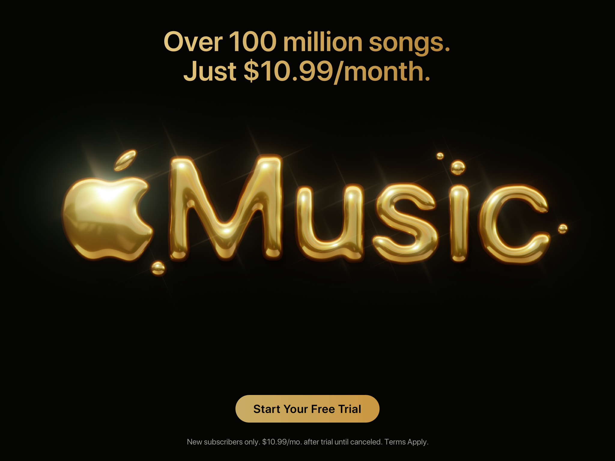 Promotional advertisement for Apple Music featuring gold 3D text saying 'Apple Music' on a black background, with a caption about over 100 million songs for $10.99 per month, and a button to start a free trial.