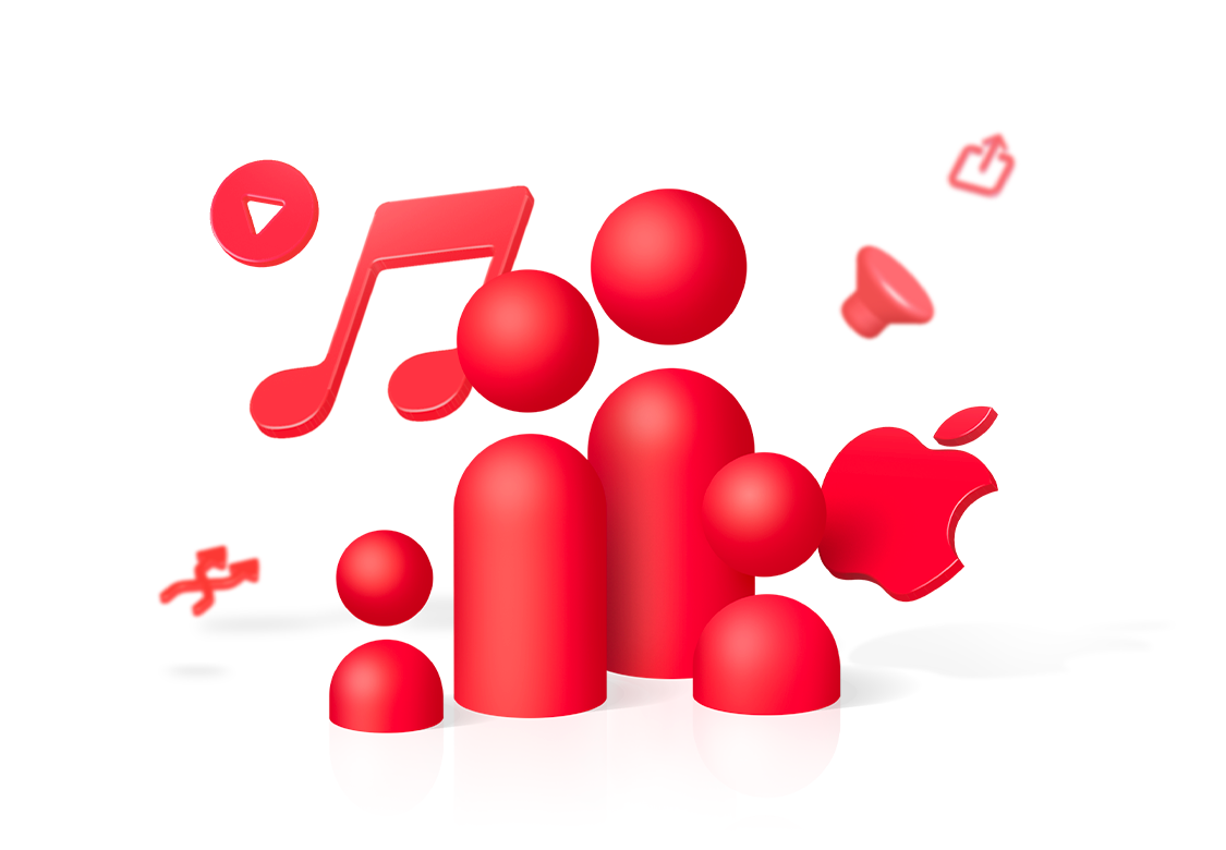 Digital illustration of red abstract shapes, music note, Apple logo, and social media icons on a white background.