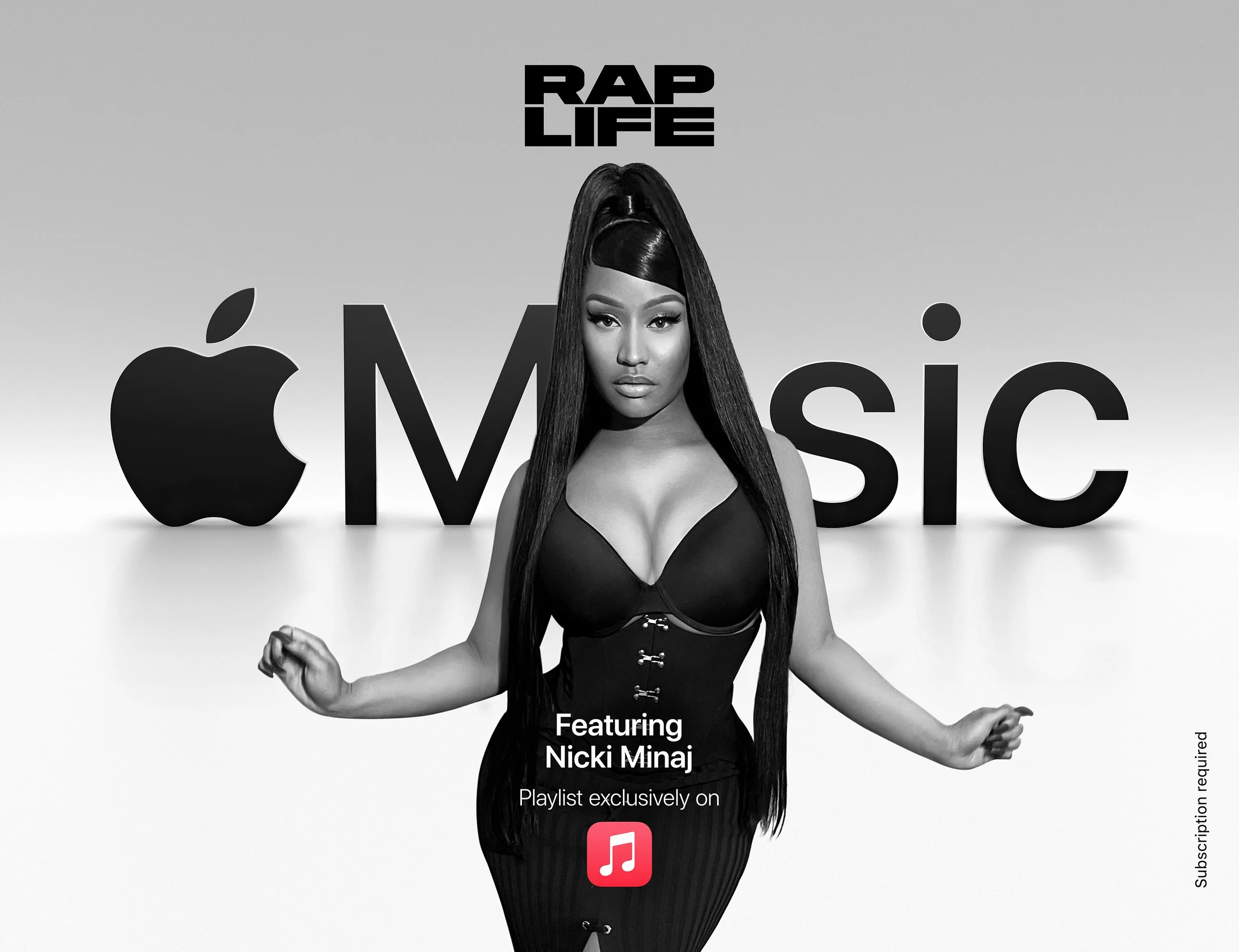 Black and white promotional image featuring Nicki Minaj promoting Apple Music, with large text 'Rap Life' at the top and 'Music' behind her.