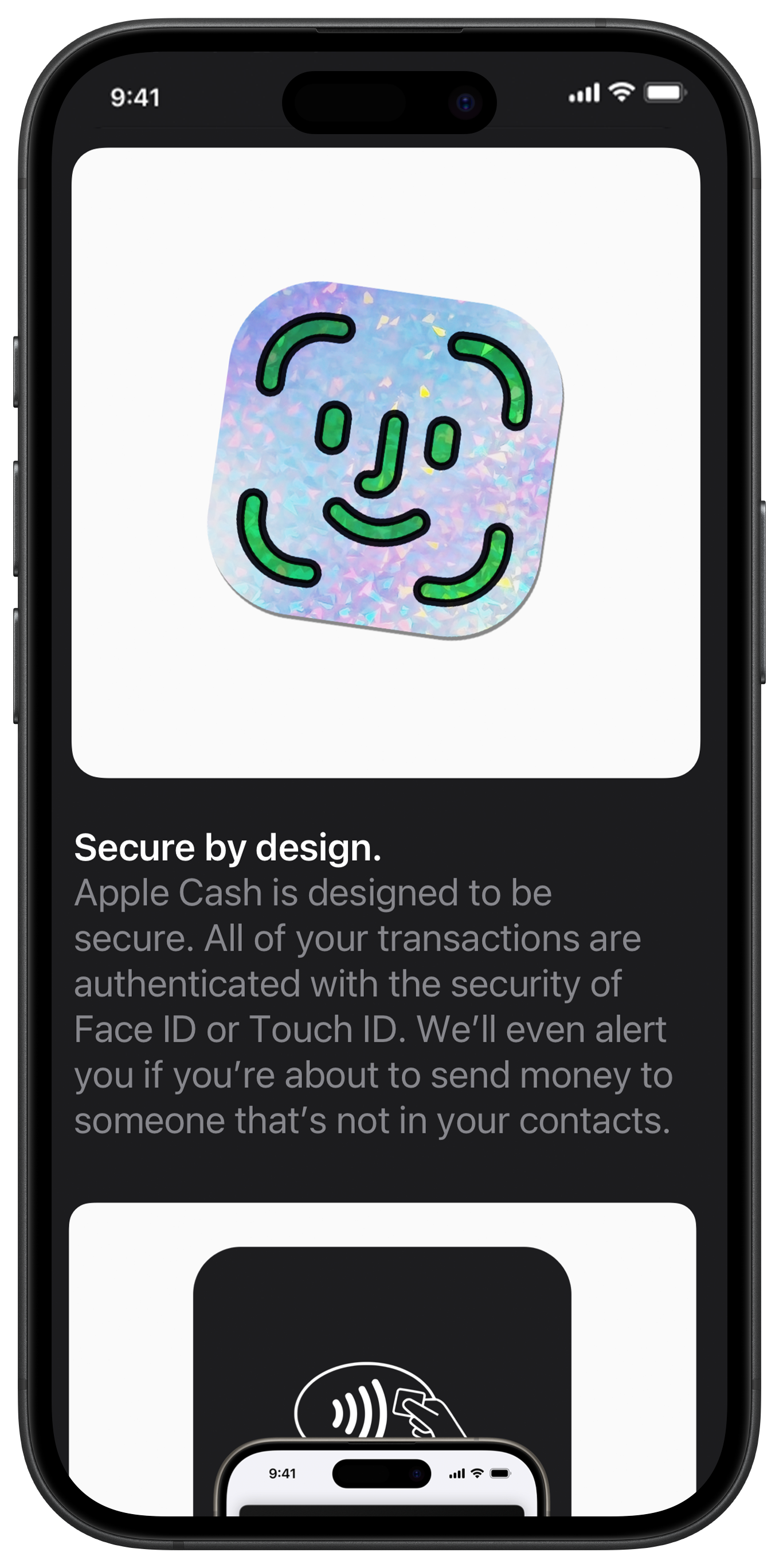 Apple Cash app screen with a holographic face ID icon and text about security features.