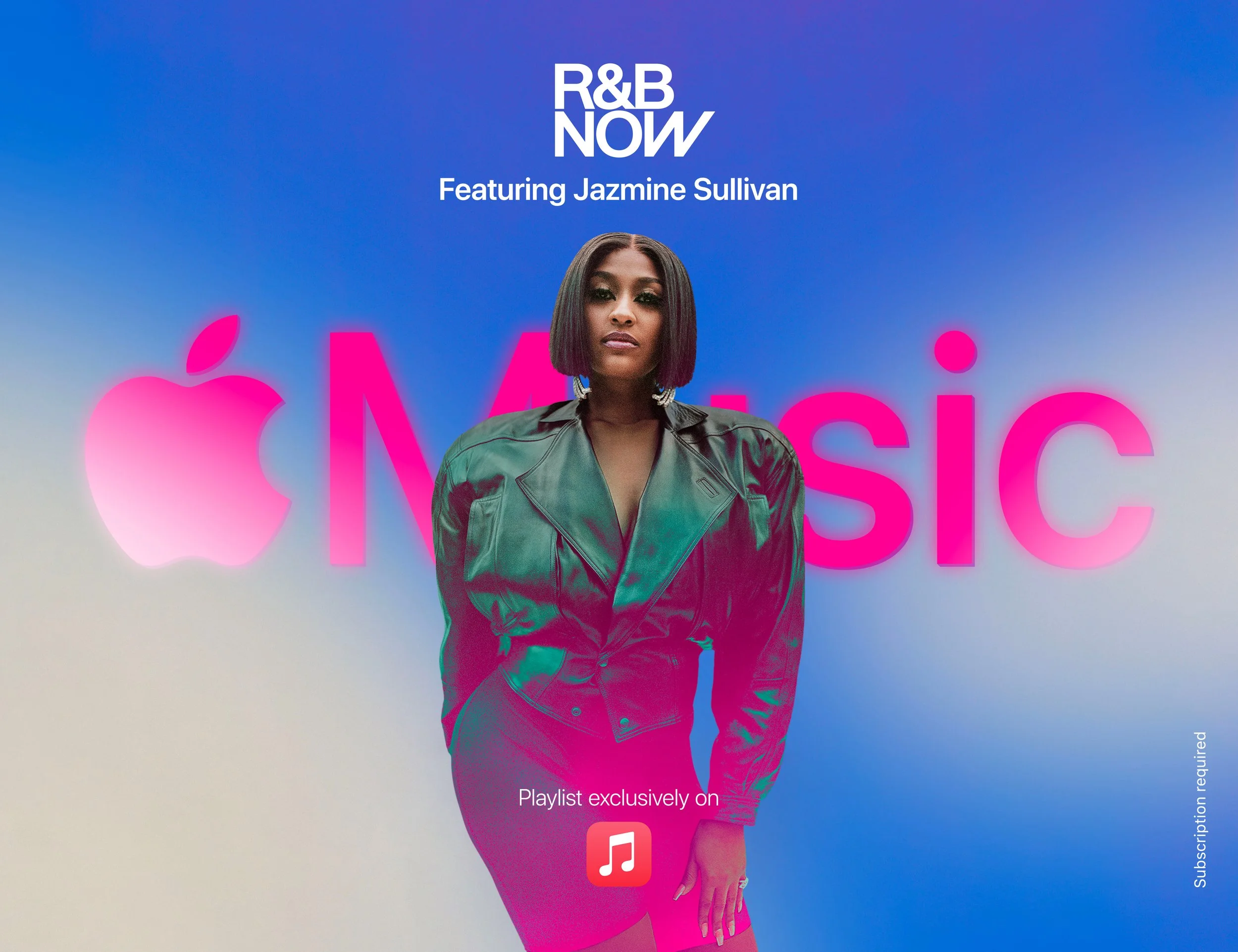 Promotional graphic featuring Jazmine Sullivan for Apple Music's R&B Now playlist, with a woman in a dark green leather jacket standing in front of a blue background with pink annotated Apple Music logo and text.