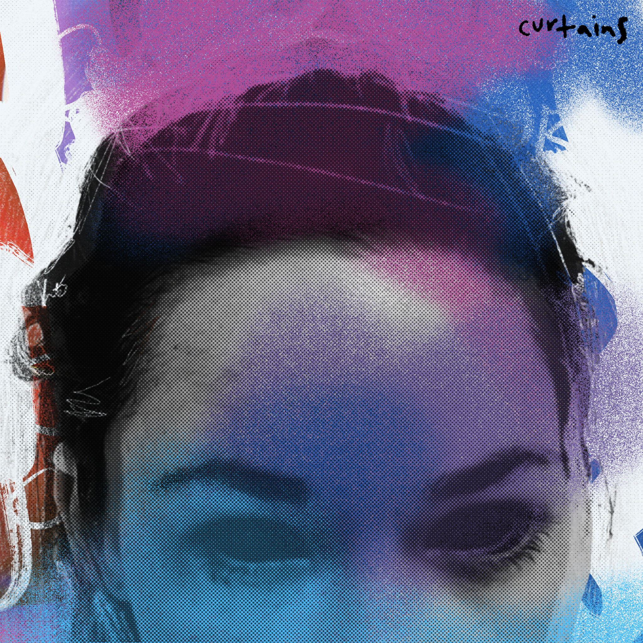 Close-up of a colorful, digitally stylized portrait of a woman's face, with the top half of her head, hair, eyebrows, and eyes visible, featuring a paint-like texture and vibrant purple, blue, and white splashes. The word "curtains" is written in black handwritten text at the top right corner.