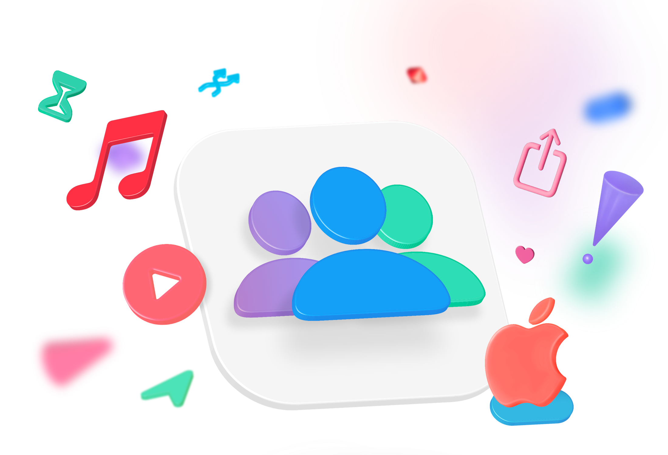 Illustration of a social media and digital communication theme with icons of people, a play button, a heart, a share arrow, a download arrow, and an Apple logo, using bright, pastel colors and a digital, futuristic style.