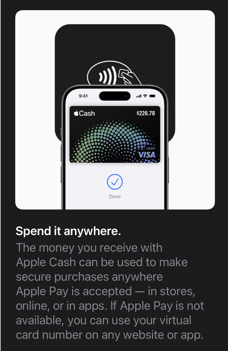 A smartphone displaying an Apple Cash payment confirming a transaction with a check mark, with a background showing a contactless payment symbol.