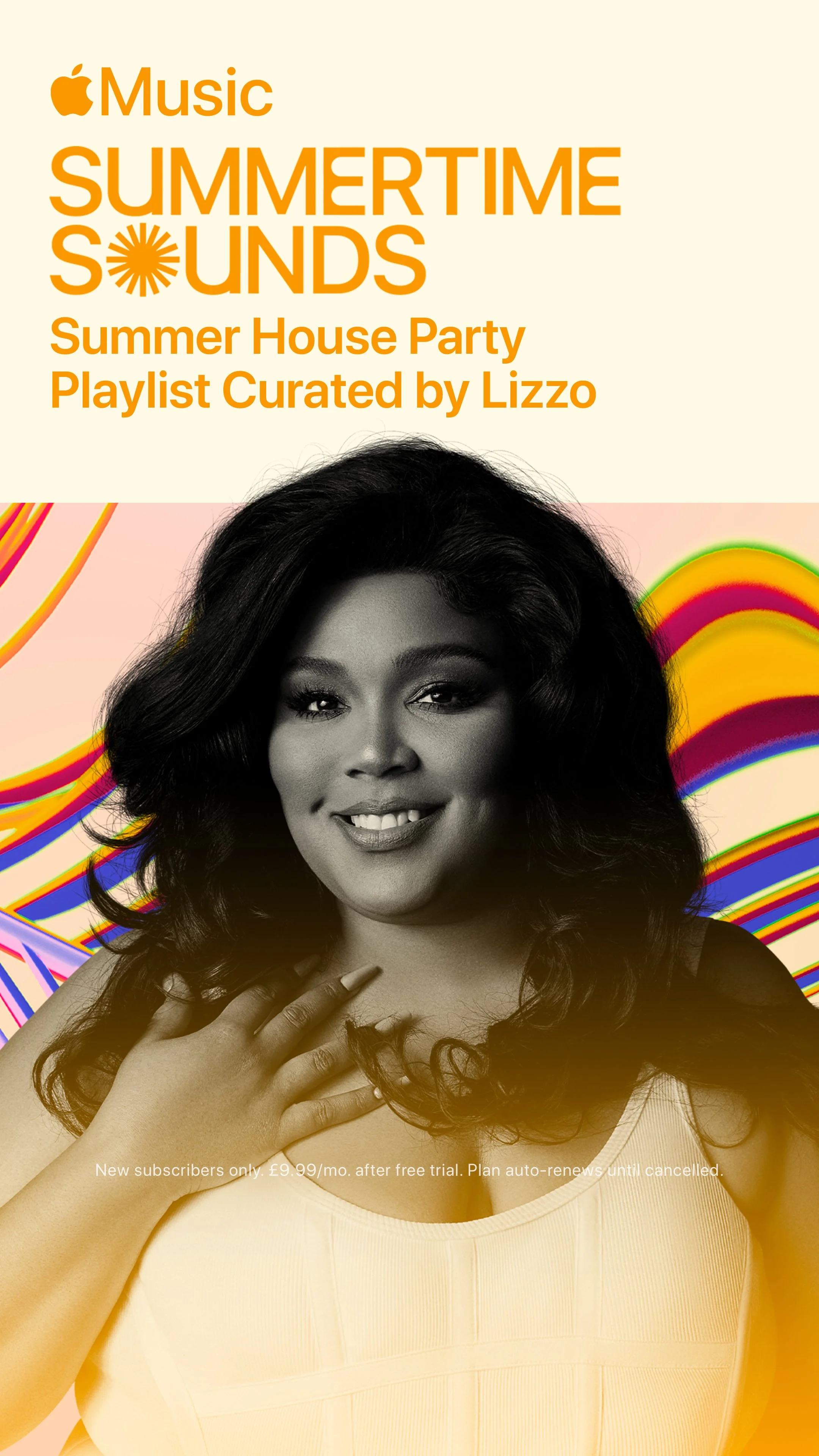 Apple Music promotional graphic for Summertime Sounds playlist curated by Lizzo, featuring a black-and-white portrait of Lizzo against a colorful, rainbow-like background. Text includes the playlist title and subscription information.