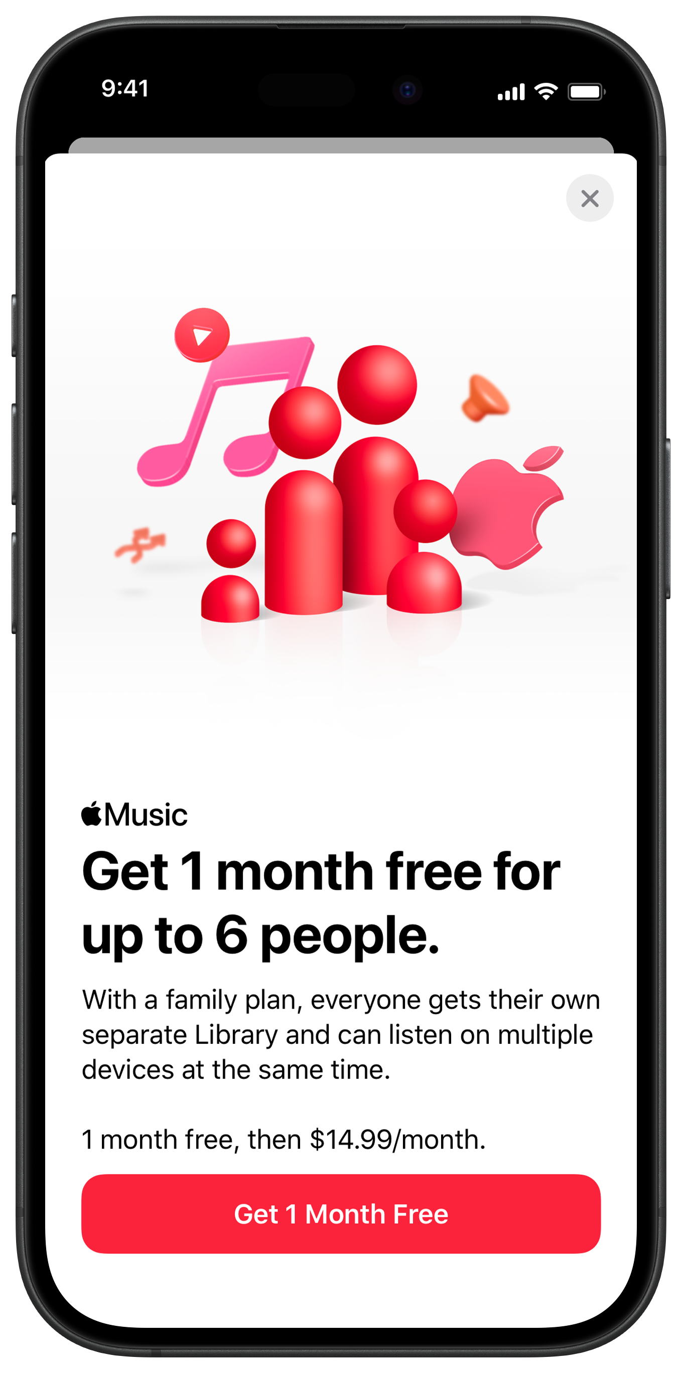 Apple Music subscription offer with a promotional message about a one-month free trial for up to six people, featuring a graphic of pink and red musical icons and symbols.