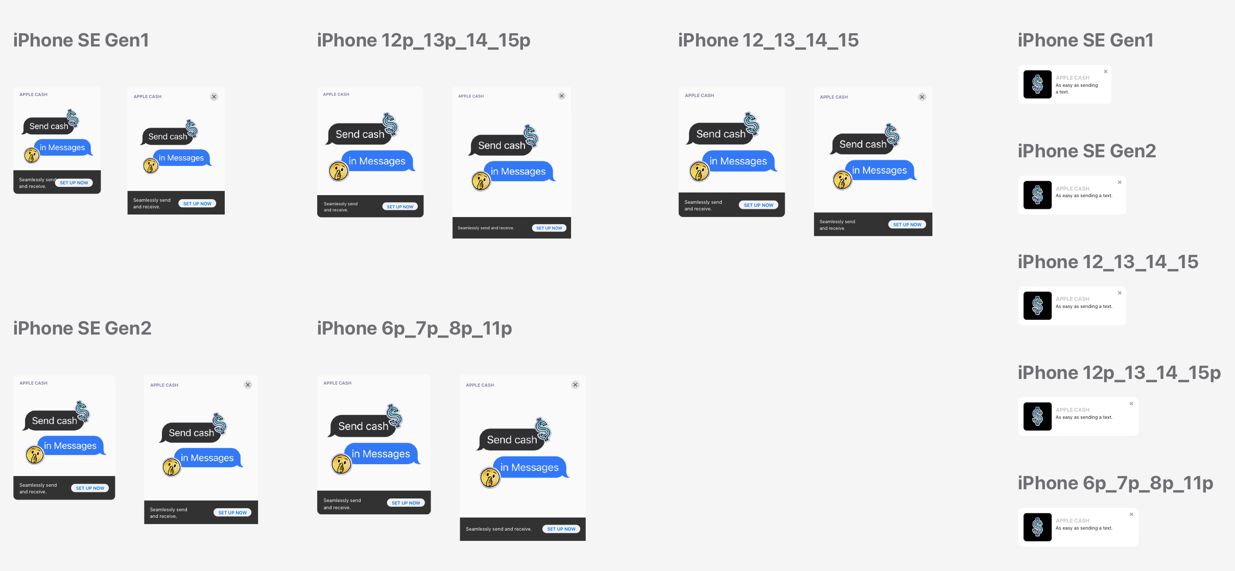 Comparison of various iPhone screens demonstrating Apple Cash messaging interface across multiple iPhone models, with some screens showing the Apple Cash alert.