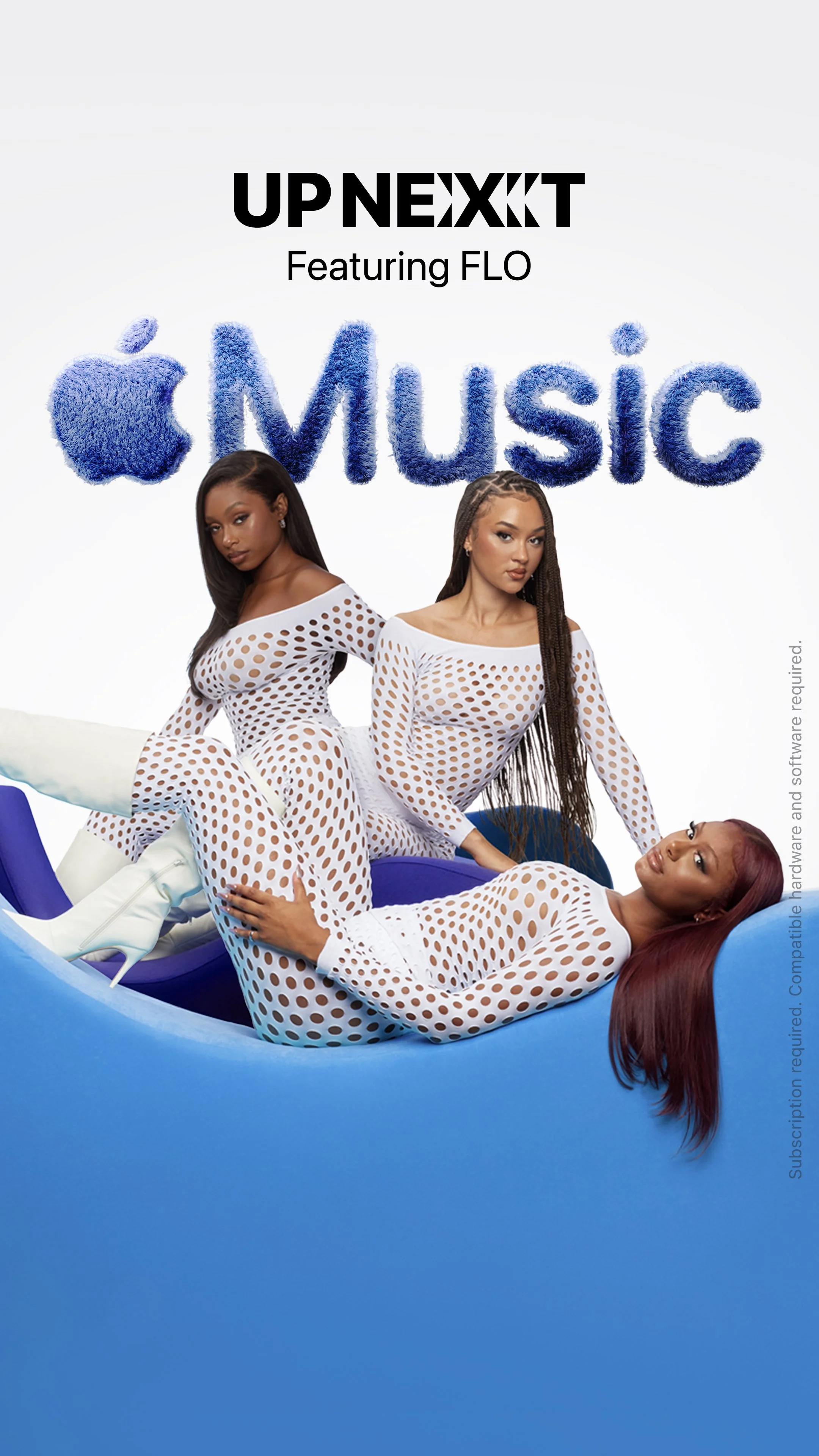 The image features three women in matching white outfits with cut-out patterns, posing on a blue inflatable lounger. The background is white with the text 'UP NEXT' and 'Featuring FLO' at the top, and the Apple Music logo with the word 'Music' in a fluffy, cloud-like font.