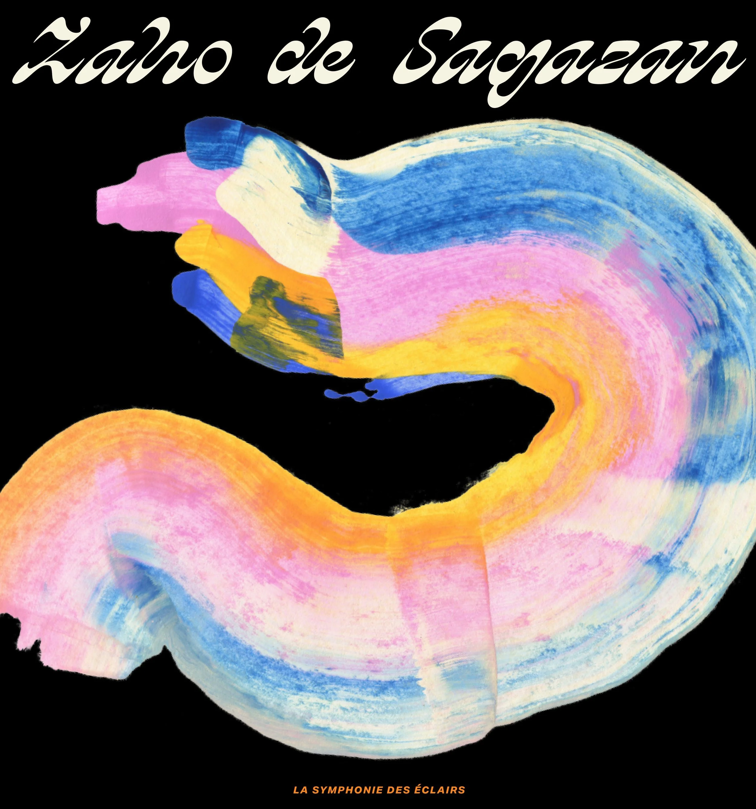 An abstract watercolor painting of a curved, multicolored shape resembling a musical note or swirl against a black background. Text in French at the top reads 'Zalgo de Sacadzan' and at the bottom 'La Symphonie des Éclairs'.