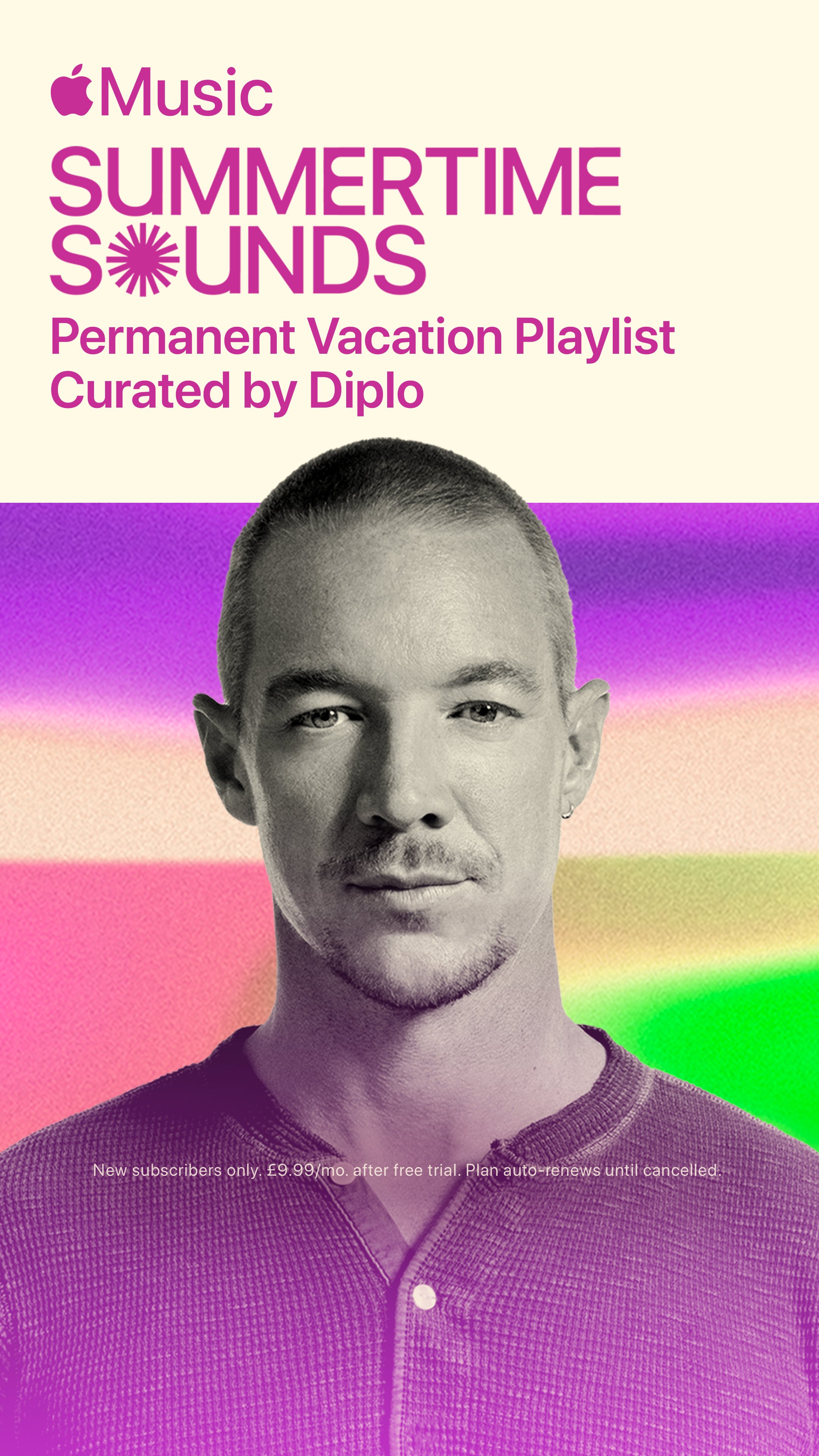 Cover art for Apple Music playlist titled 'Summertime Sounds: Permanent Vacation Playlist Curated by Diplo'. It features a black and white photo of Diplo, set against a colorful, rainbow-like gradient background.