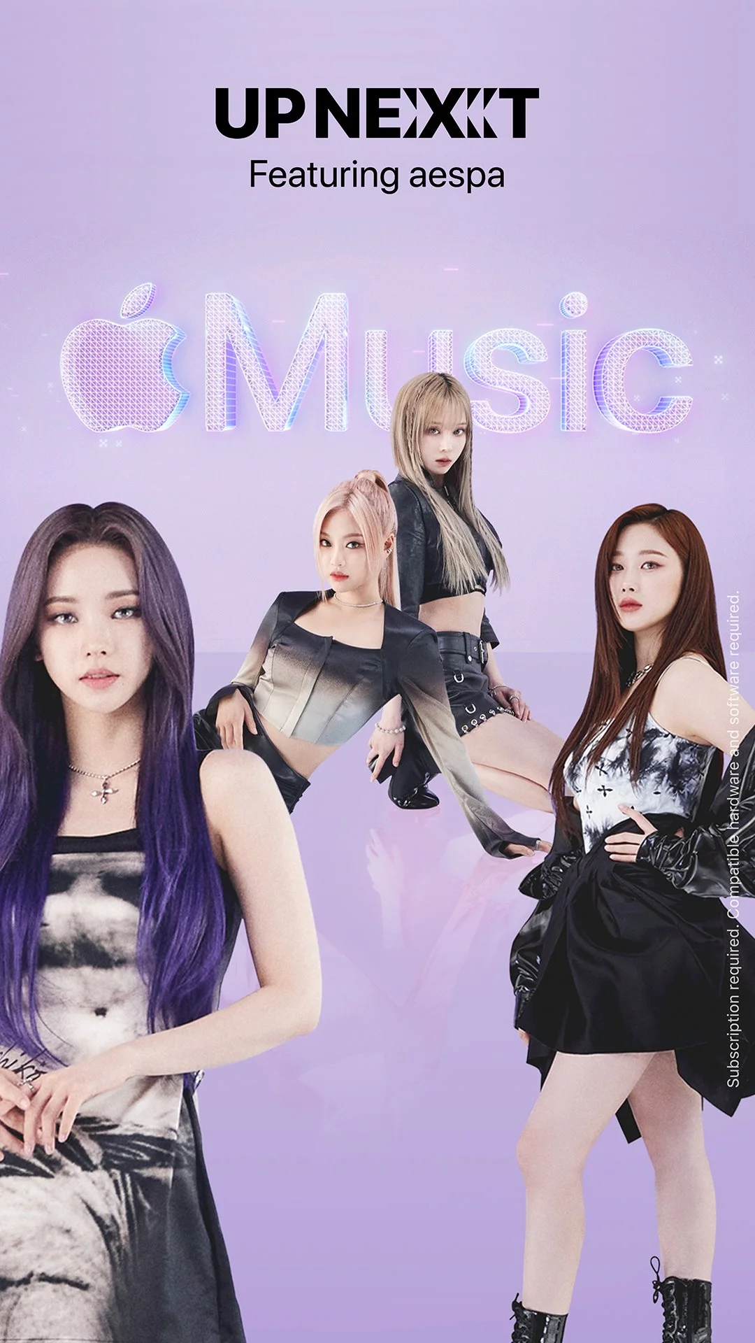 Promotion poster featuring the girl group aespa with the text 'UP NEXT' and 'Apple Music' logo in the background.