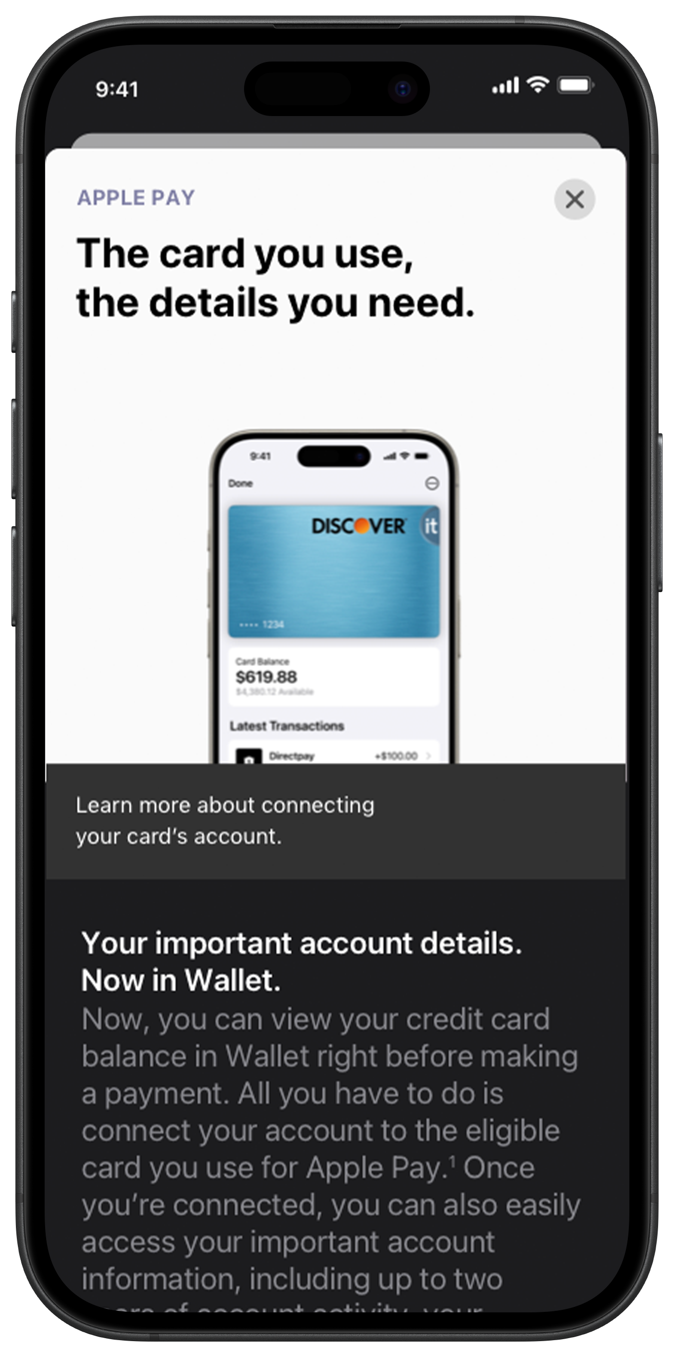 A smartphone displaying a tutorial about connecting a credit card for Apple Pay, with an image of a Discover credit card on the screen. The tutorial includes headings and explanatory text.