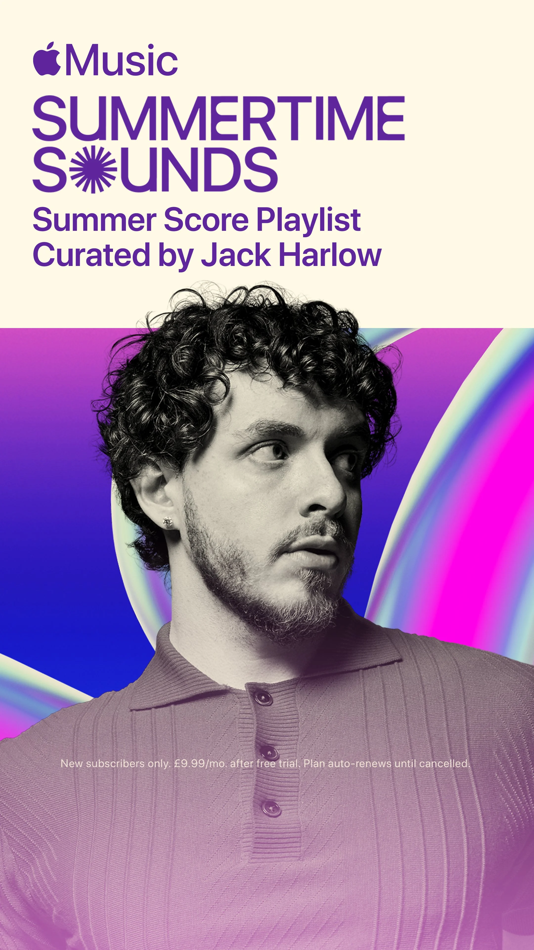 Apple Music Summer Sound playlist cover featuring a black and white portrait of Jack Harlow with a purple background and vibrant colorful accents.