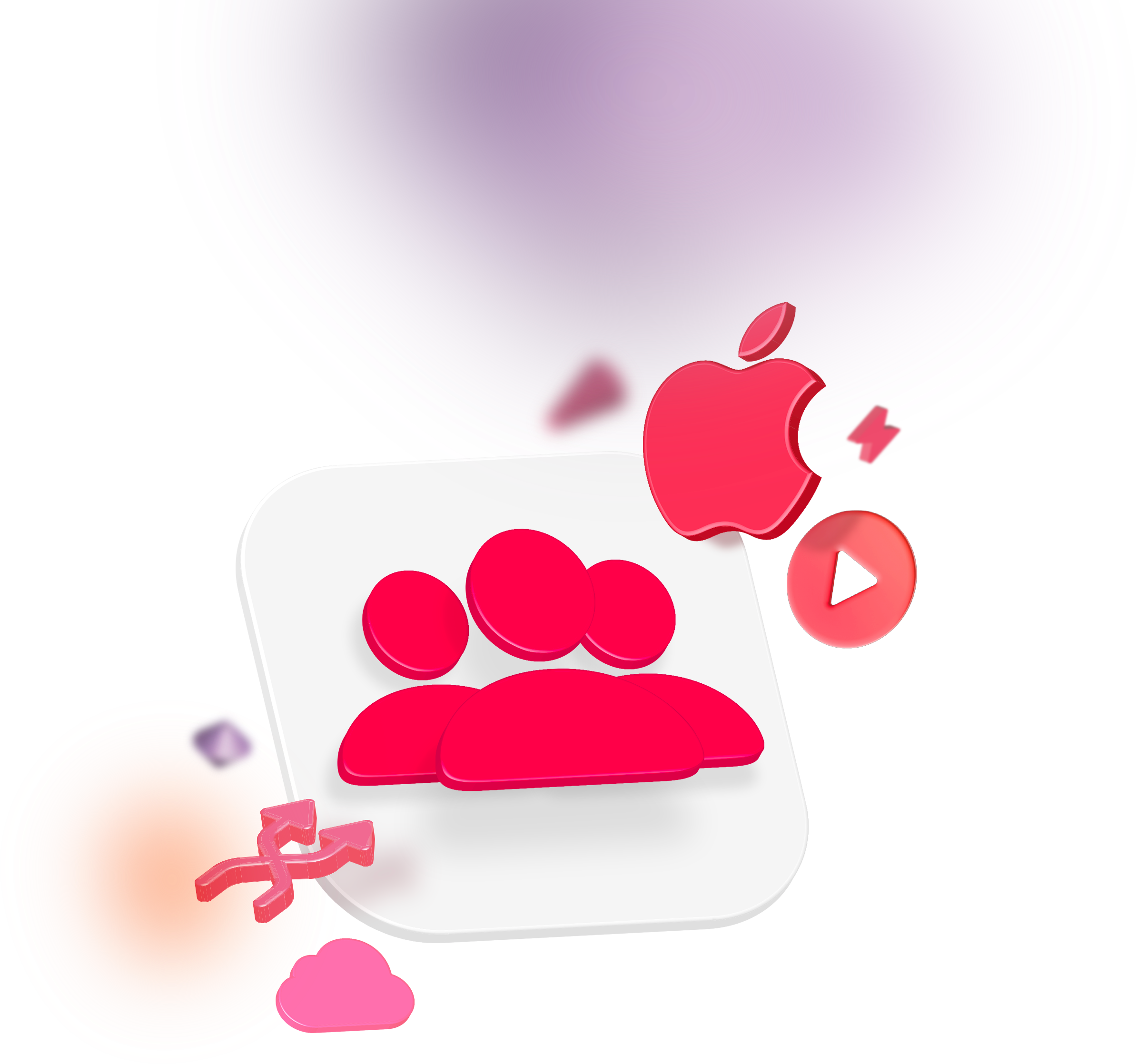 Digital illustration featuring a computer screen with a group of three red, abstract human figures, various pink and purple icons including an Apple logo, a play button, and other symbols.