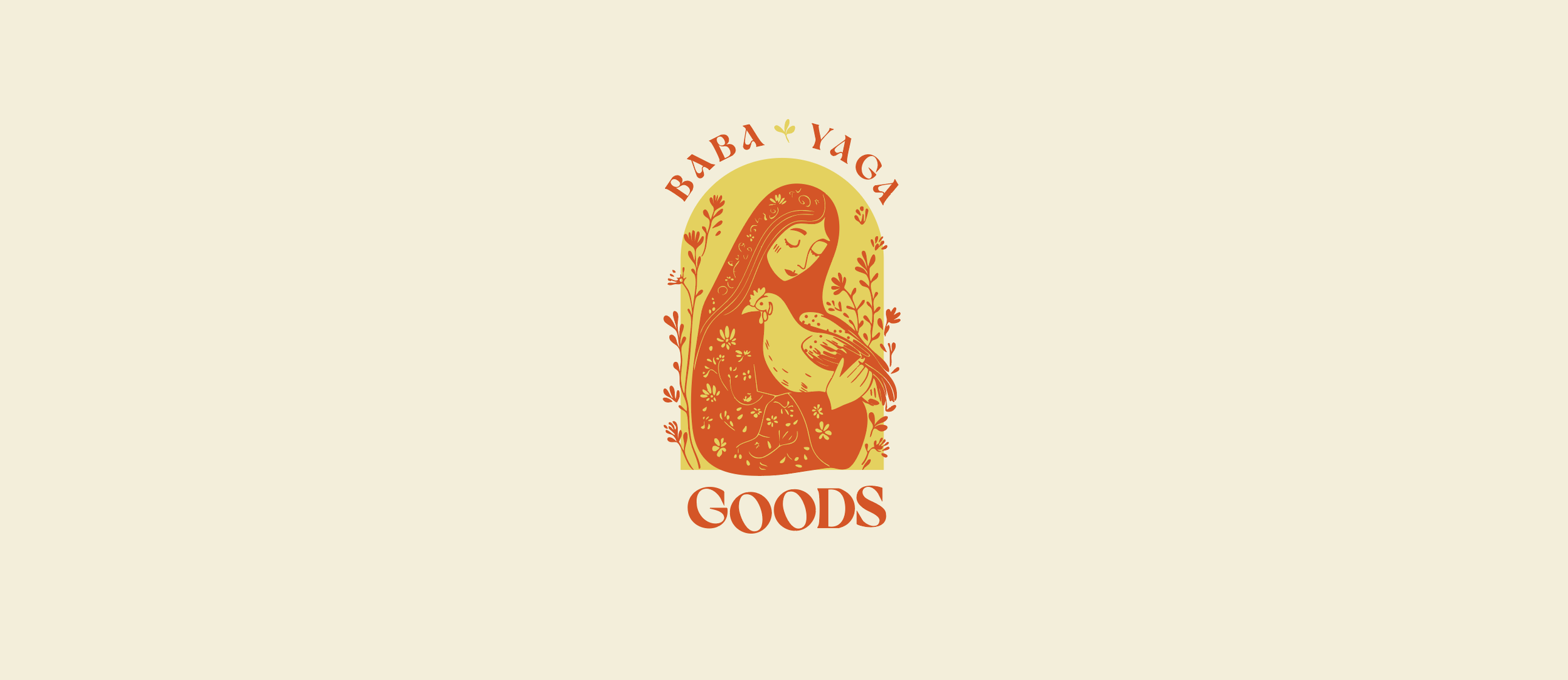 Vintage-style logo with a woman holding a bird, surrounded by floral elements and the words "Bababa Vaga Goods" in a semi-circular arrangement.