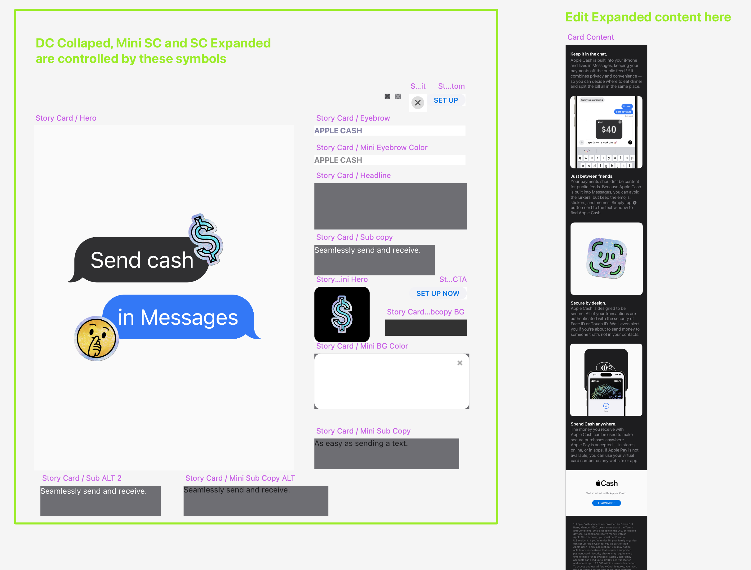 A digital template showing the controls for a cash transfer feature in a messaging app, with design elements, sample text, and instructions, all outlined with colored labels and placeholders for content.