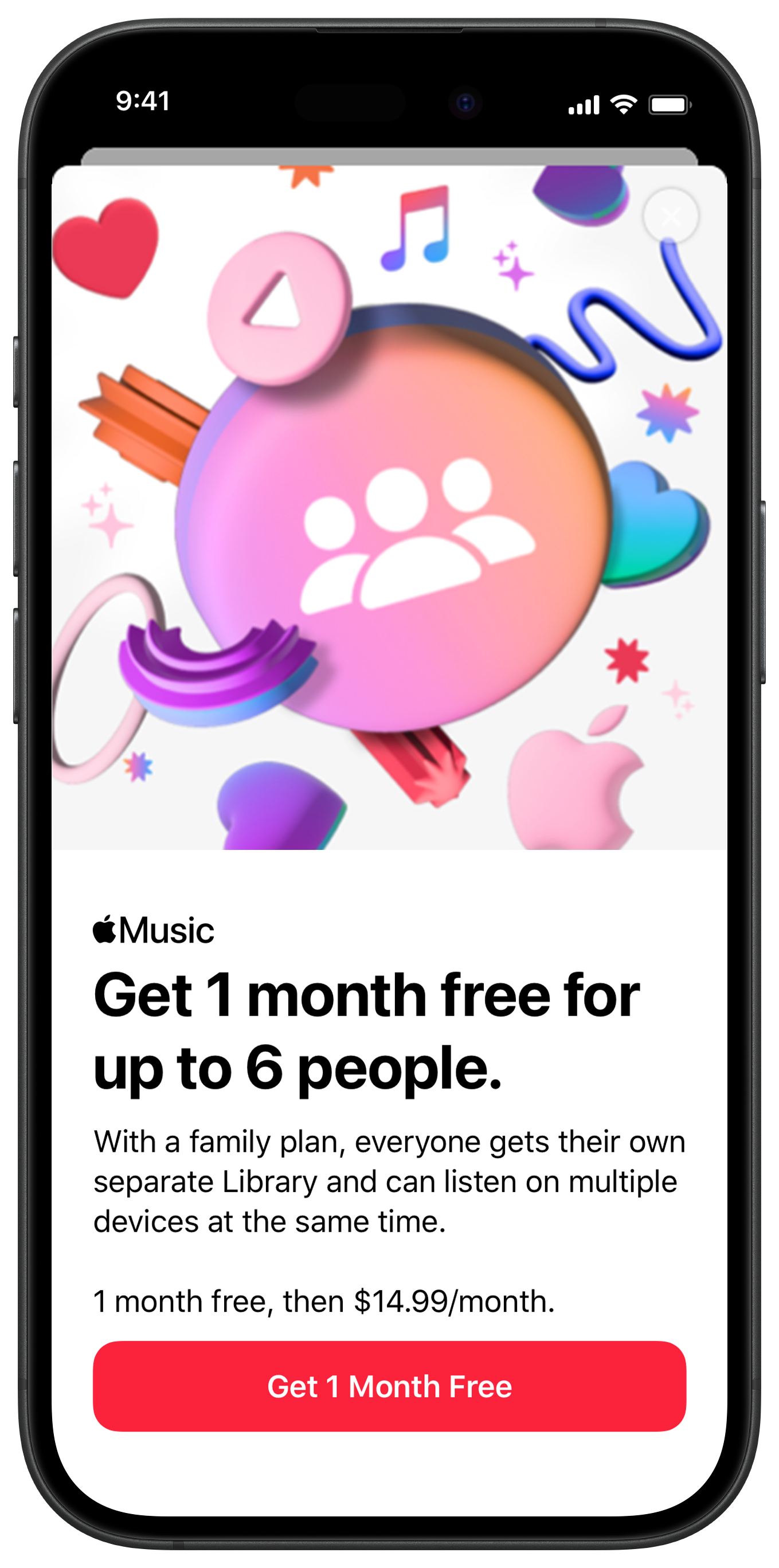 Smartphone screen displaying a music subscription offer with animated colorful icons and graphics, including hearts, musical notes, and a group of people silhouette.