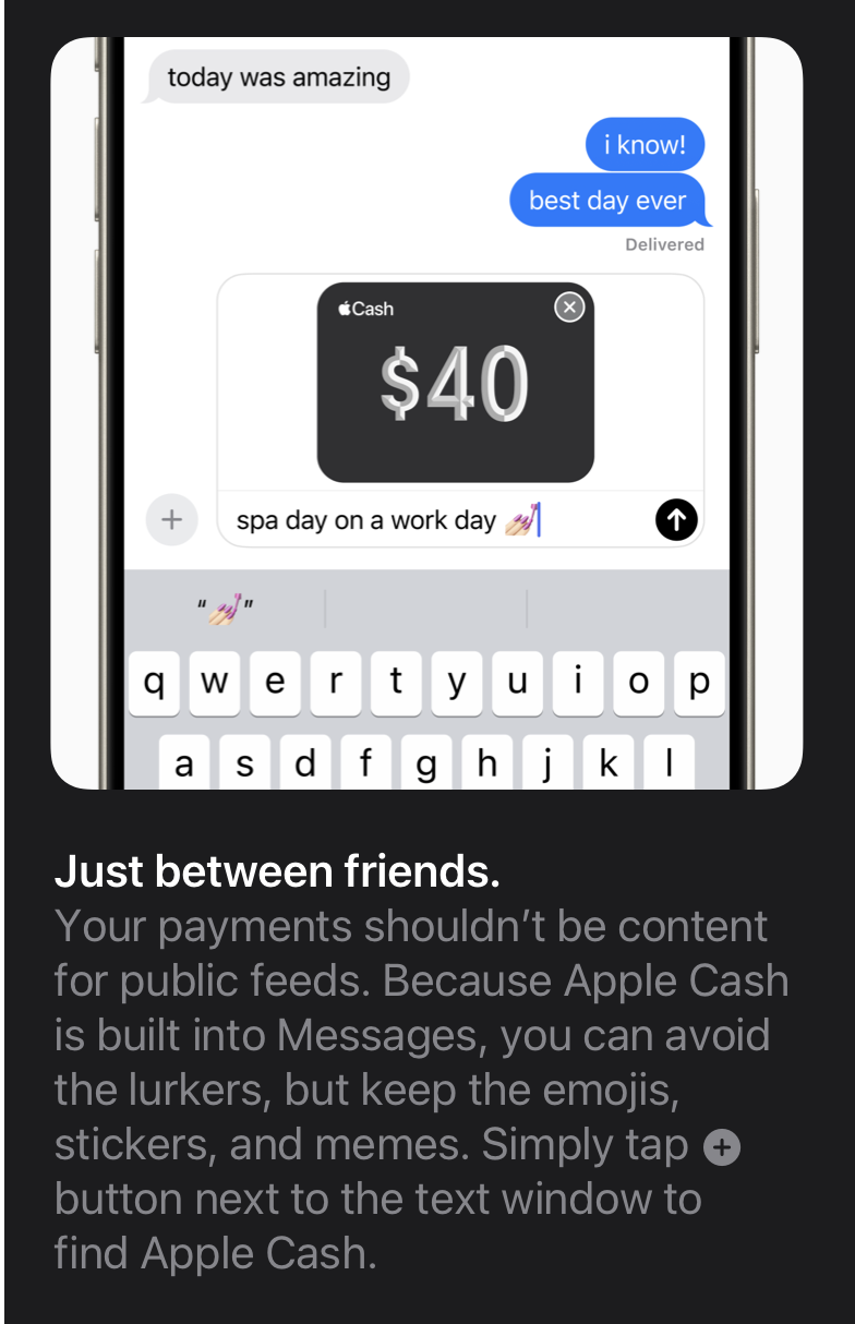 A screenshot of a messaging app conversation showing a $40 Apple Cash gift, with the message 'spa day on a work day' and emojis. The background includes instructional text about using Apple Cash for private payments between friends.