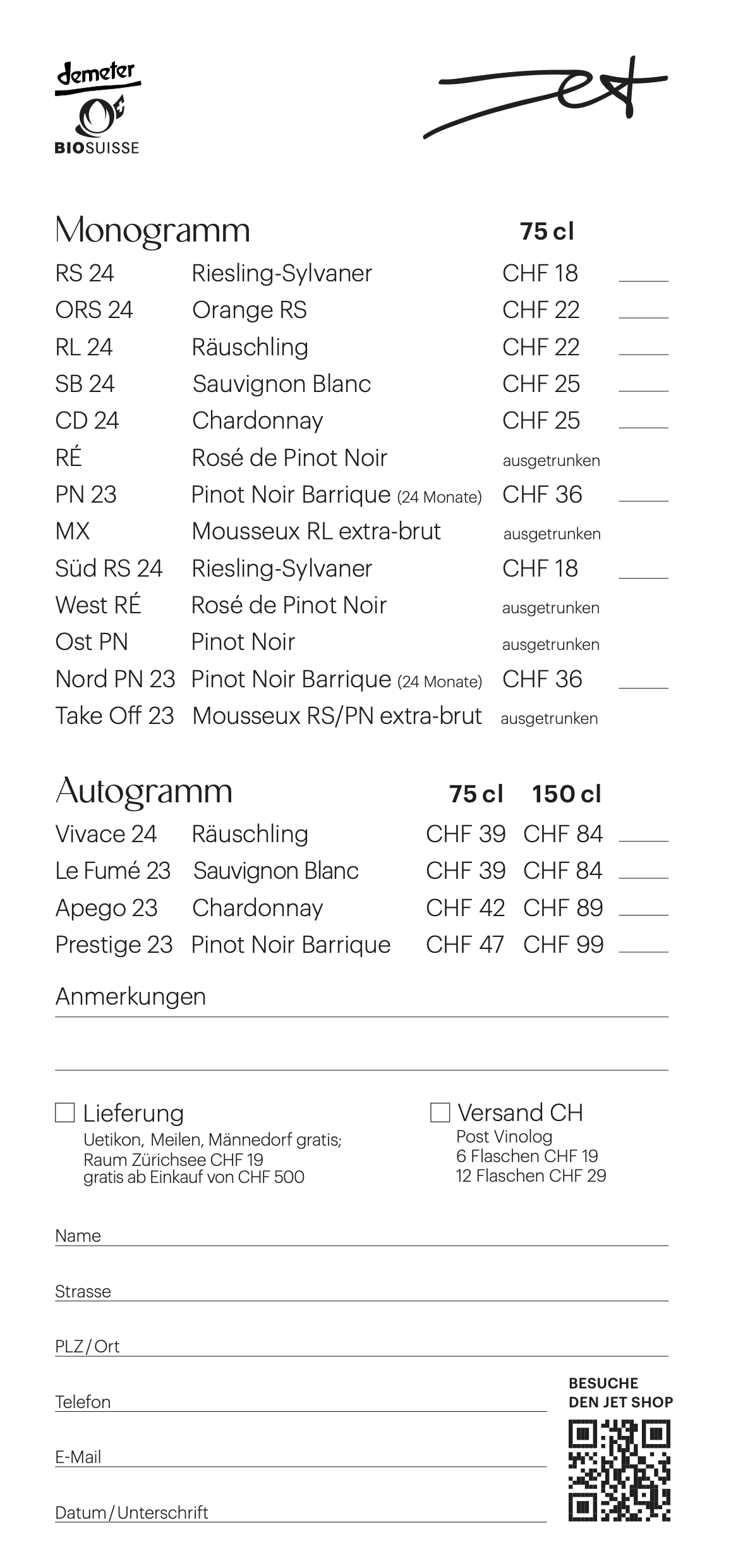 Weinkarte mit Weinsorten, Preisen und Verbotszeichen, auf Deutsch.