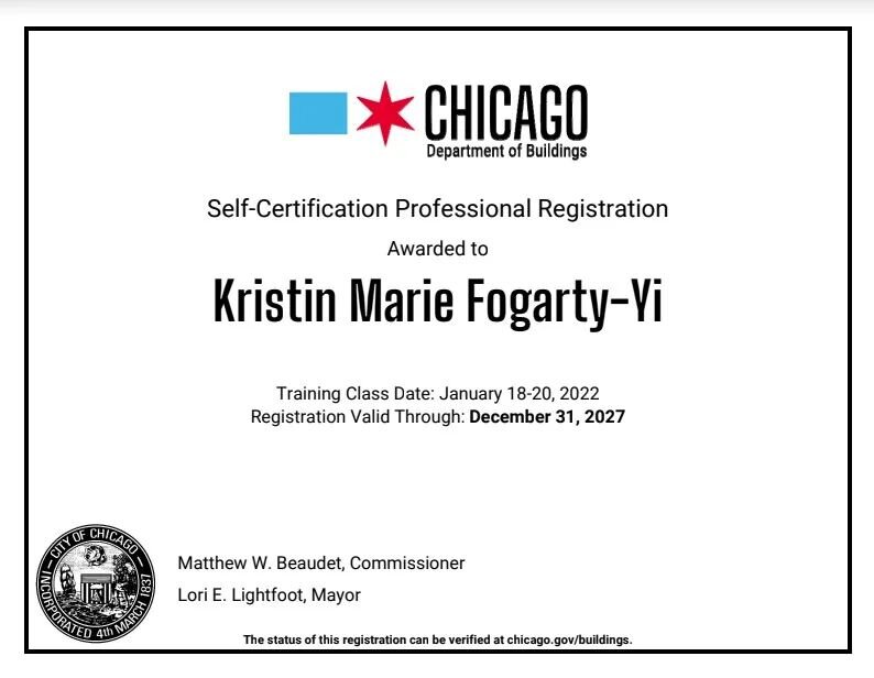 I am so excited to offer a quicker permitting process for my Chicago clients!  I am now a registered Self-Certified Architect in Chicago.  For projects that qualify, it can turn the permiting process from several months to as quick as 10 days!  This 