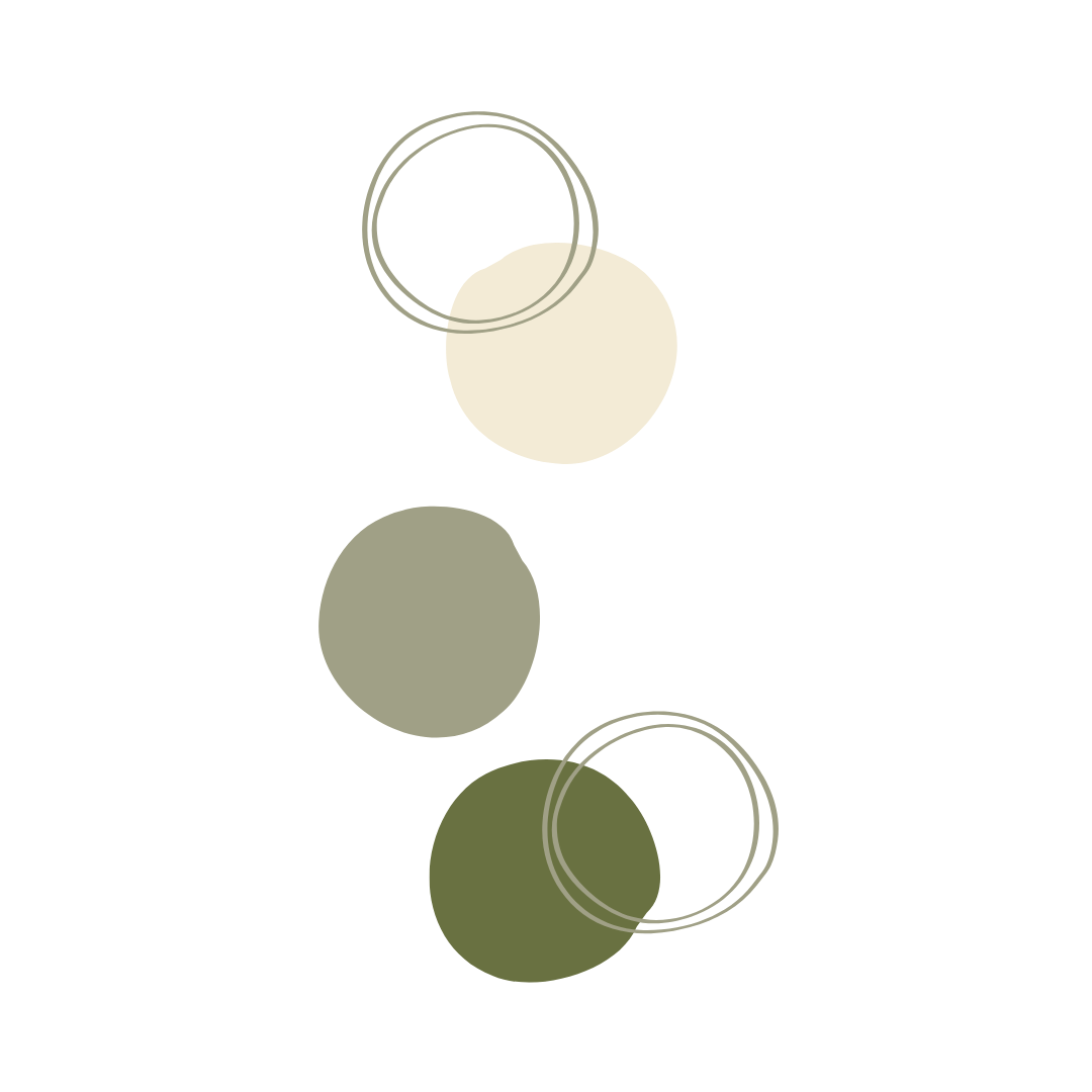 Abstract graphic with five circles in shades of beige, gray, and green, some overlapping and some outlined.