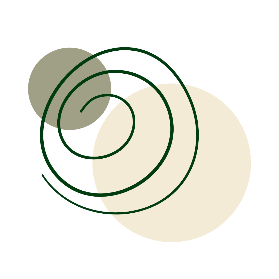 Abstract art featuring three overlapping circles and green spiral lines on a black background.