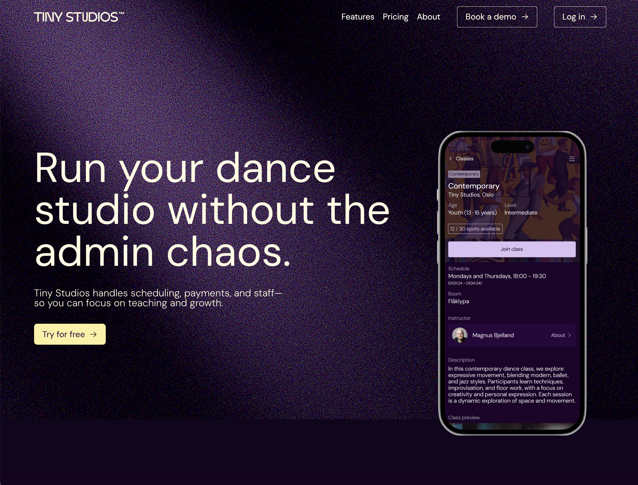 Tiny Studios SaaS booking platform for dance studios