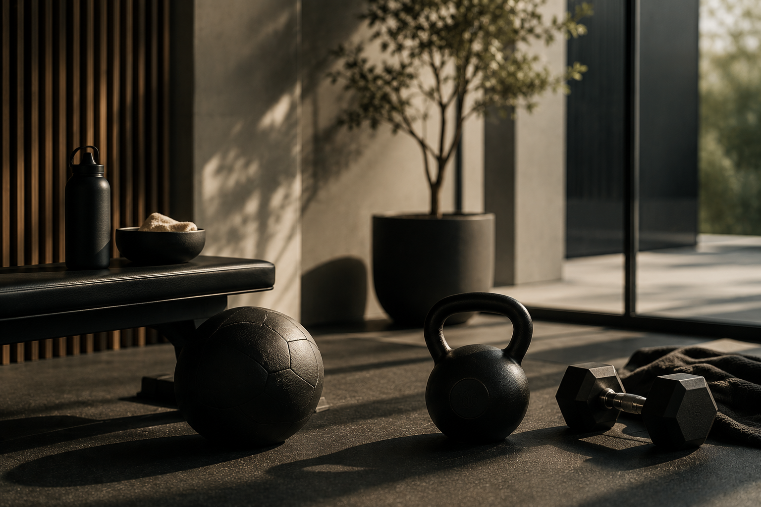 Indoor gym with kettlebell, dumbbells, medicine ball, water bottle, bowl of snacks, and towel, with natural light and potted plant in the background.