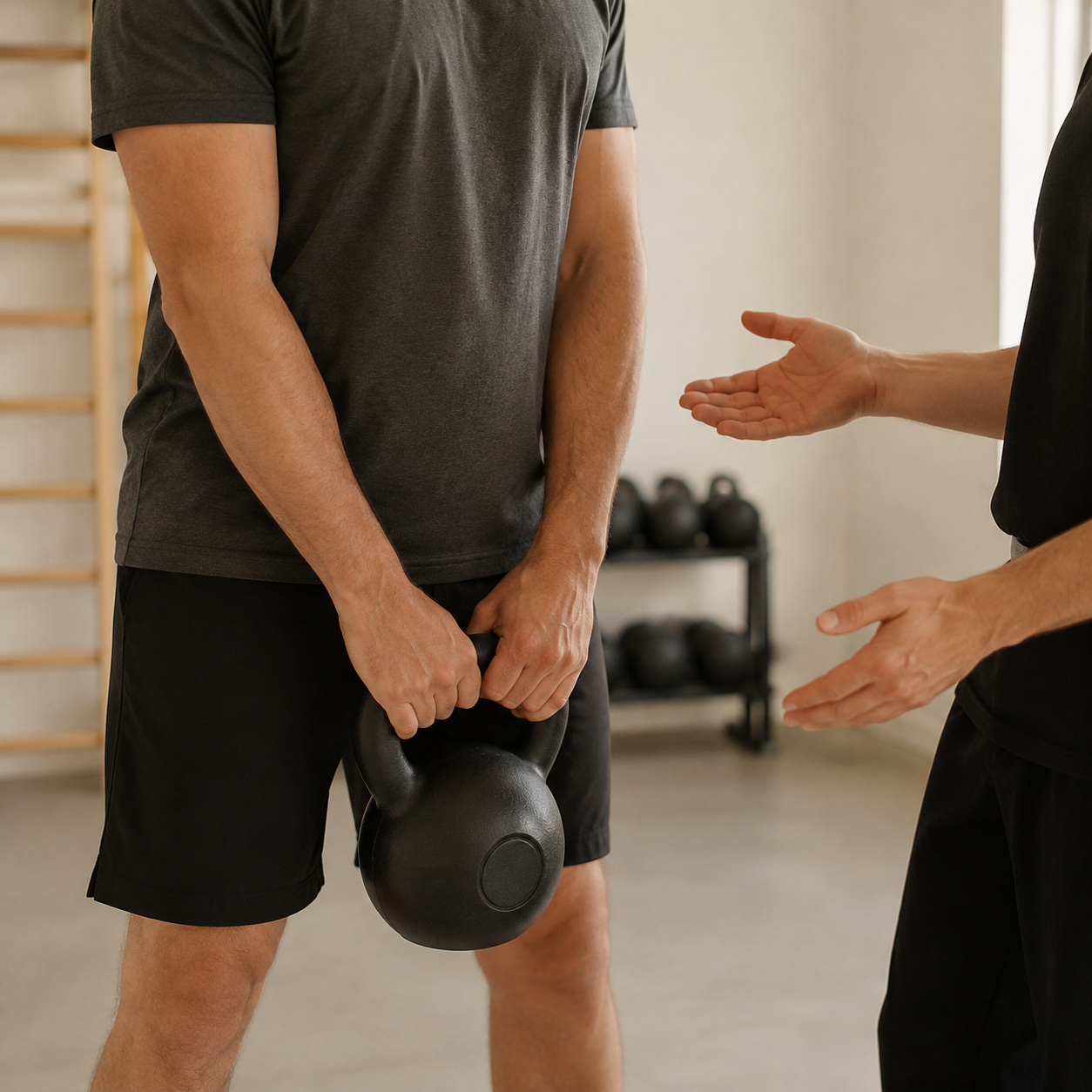 A trainer offers guidance while a client holds a kettlebell.