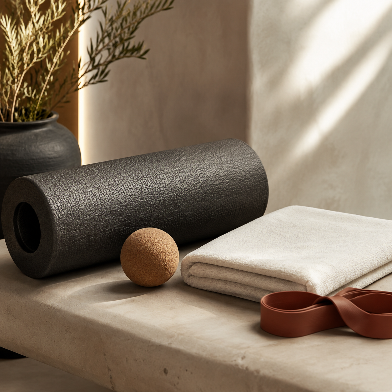 Foam roller, cork massage ball and towel arranged for recovery.