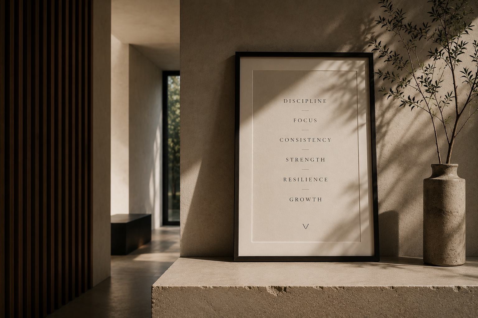 Framed poster with motivational words such as discipline, focus, consistency, strength, resilience, growth, on a beige wall. To the right of the poster is a tall, textured concrete vase with a leafy branch. Natural light casts shadows on the wall and poster.