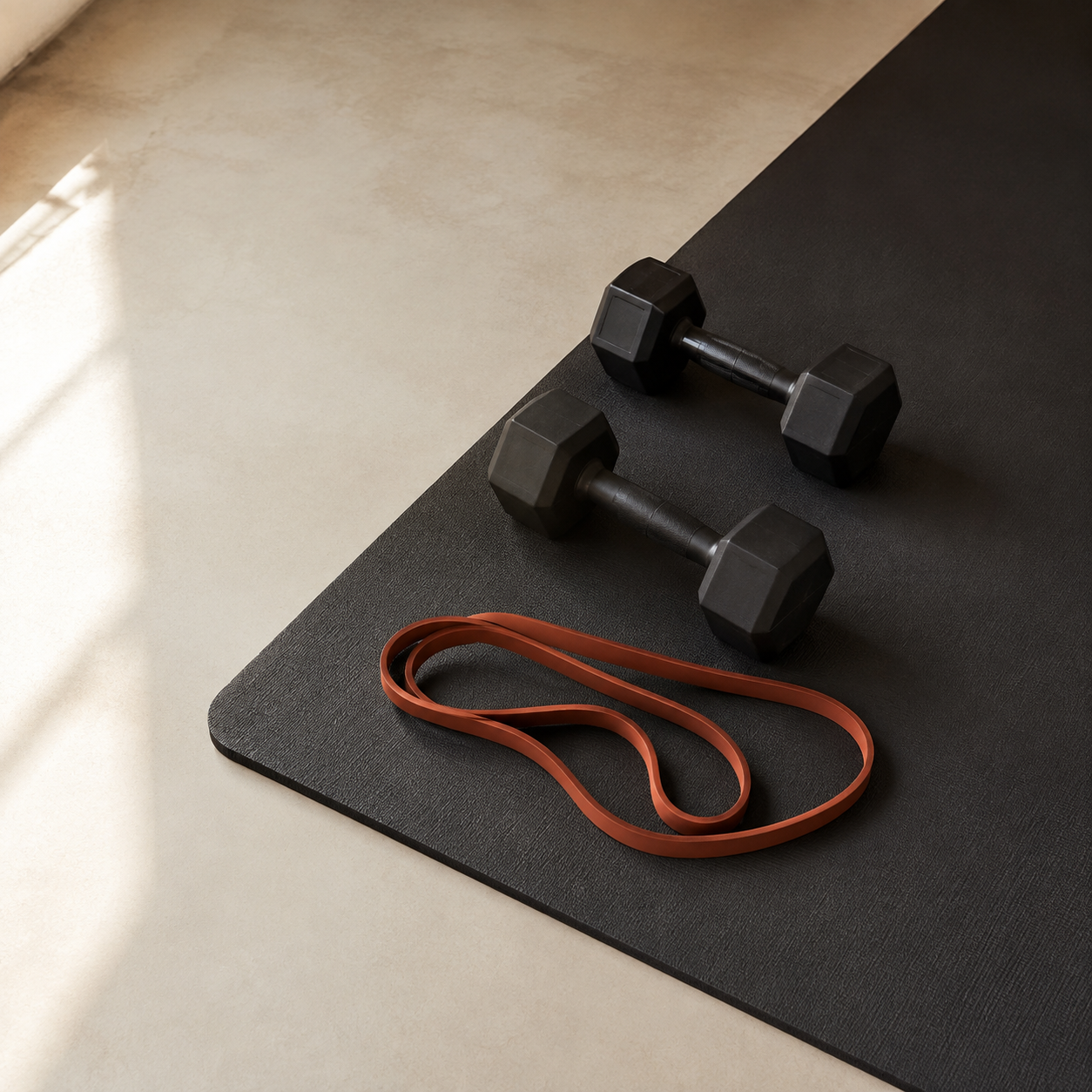 Dumbbells and a rust resistance band arranged on a charcoal training mat.